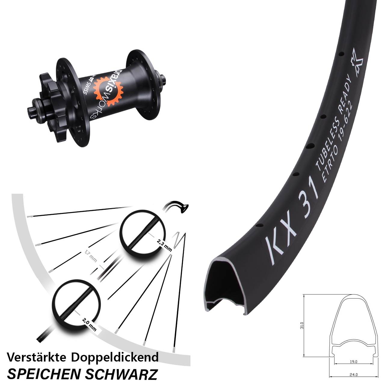 28 Zoll KX 31 DT Swiss 350 QR Vorderrad 6-Loch für Schnellspanner
