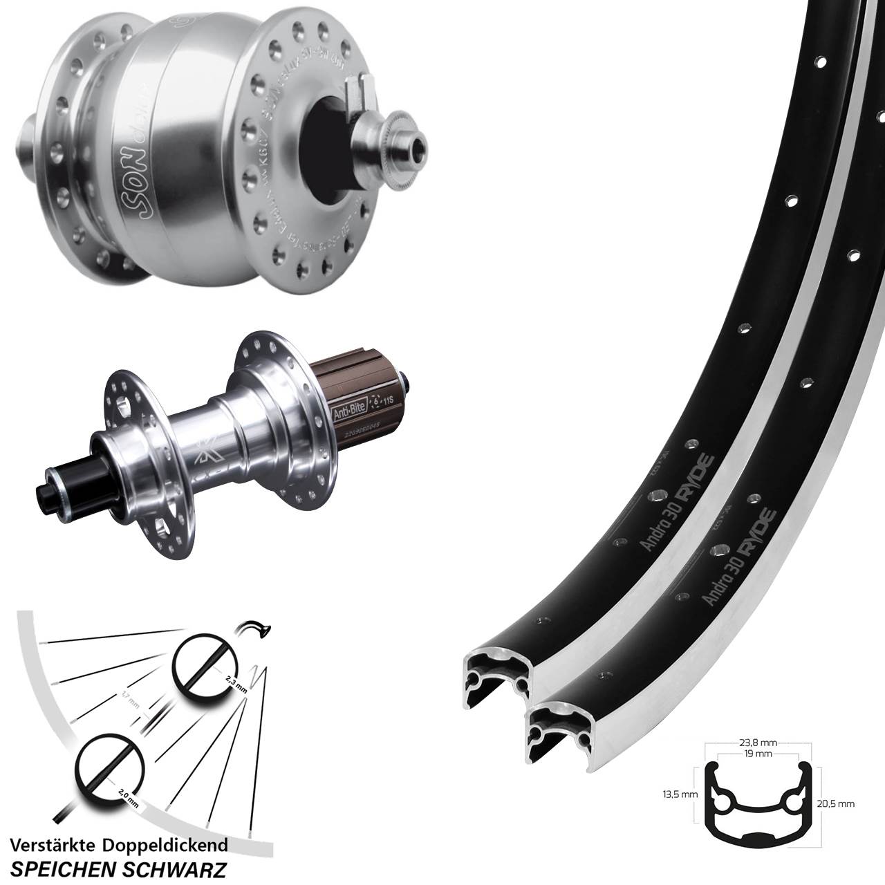 Laufradsatz 28 Zoll Ryde Andra 30 KX-T SON delux 8-12 fach für Schnellspanner
