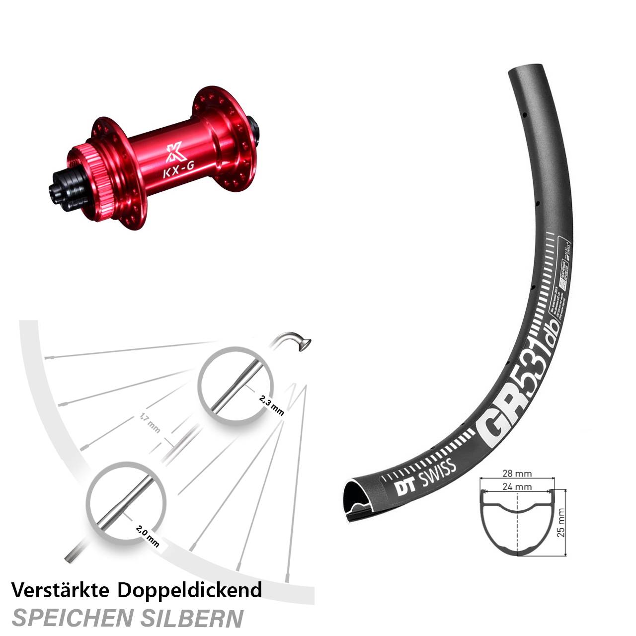 Vorderrad Gravel 28 Zoll DT Swiss GR 531 DB Nabe rot-eloxiert KX-G 5x100 mm Sapim E-Light