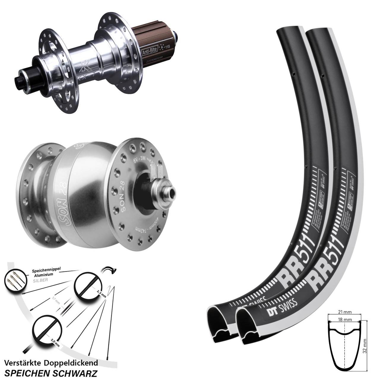 DT Swiss RR511 KX-T SON 28 Zoll Laufradsatz QR 8-12 fach