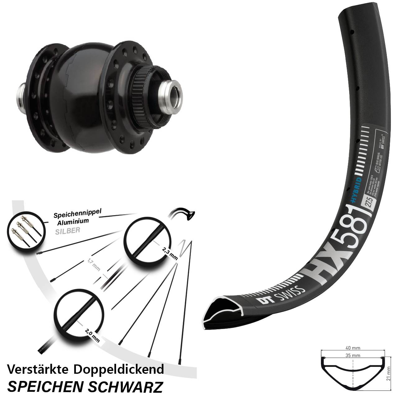27,5 Zoll DT Swiss HX581 SON delux Disc Nabendynamovorderrad 12x100