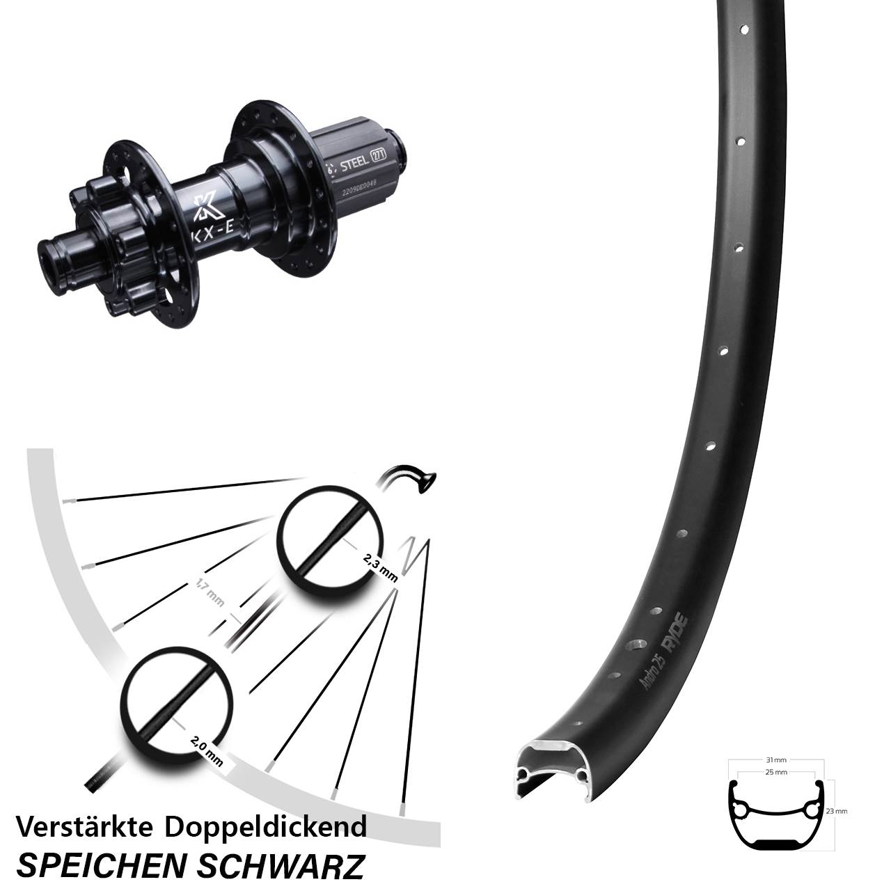 28-29 Zoll Ryde Andra 25 KX-E Heavy Duty Disc Hinterrad 12x142 8-12 fach HG