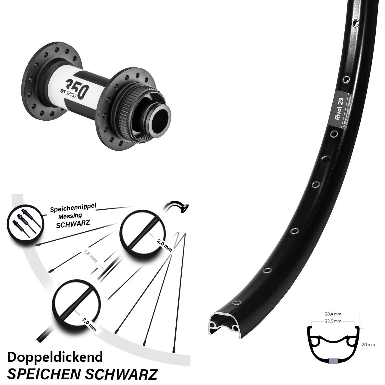 Laufrad 27,5 Zoll Ryde Rival 23 Disc schwarz DT Swiss 350 15x110 Centerlock