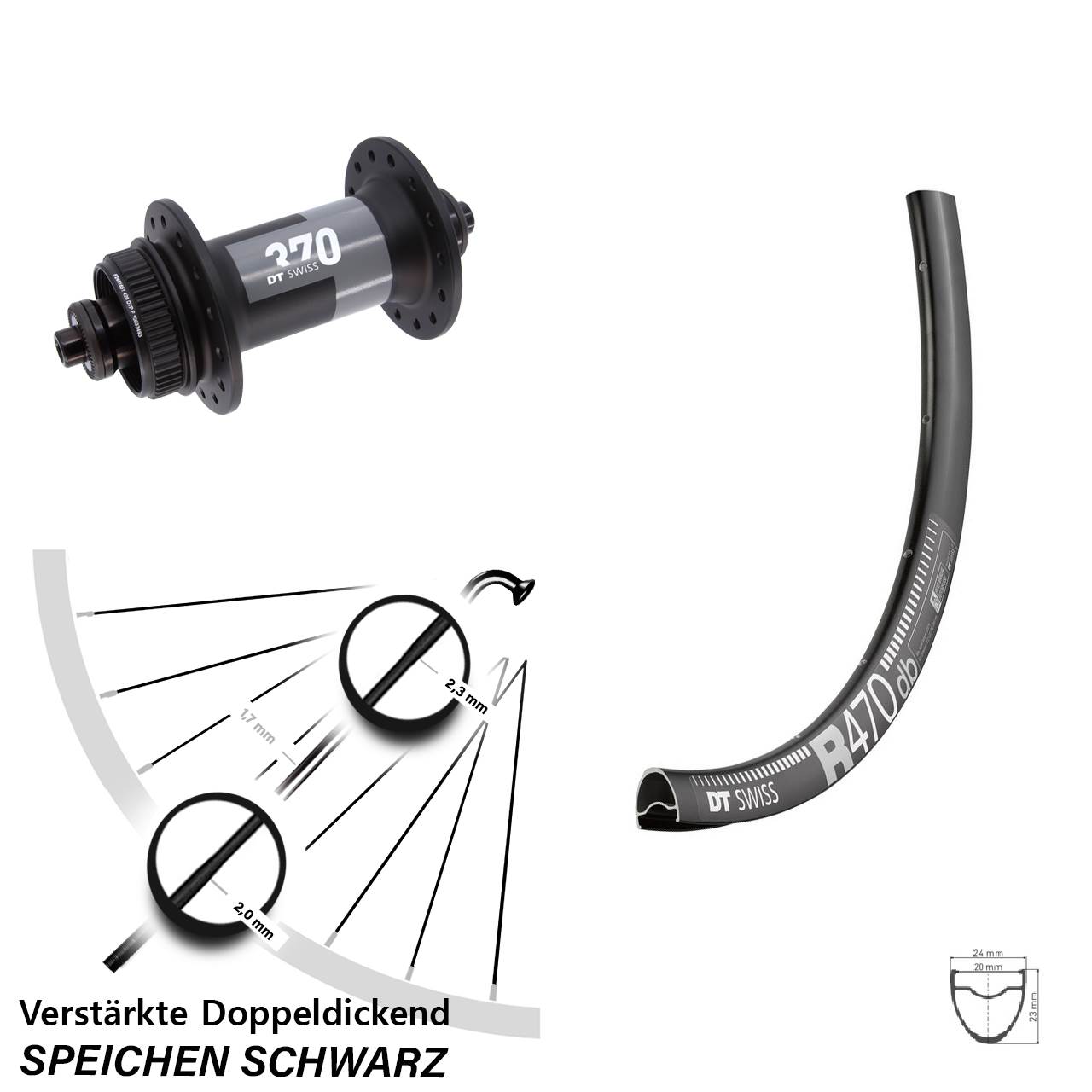 DT Swiss R 470-370 QR 28 Zoll Vorderrad Centerlock für Schnellspanner