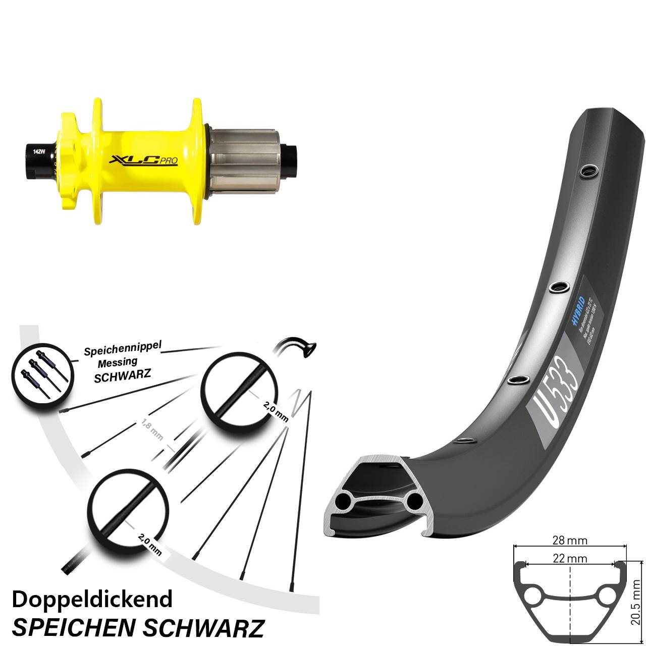 DT Swiss U 533 XLC gelb 26 Zoll Hinterrad 6-Loch 12x142 8-11 fach HG
