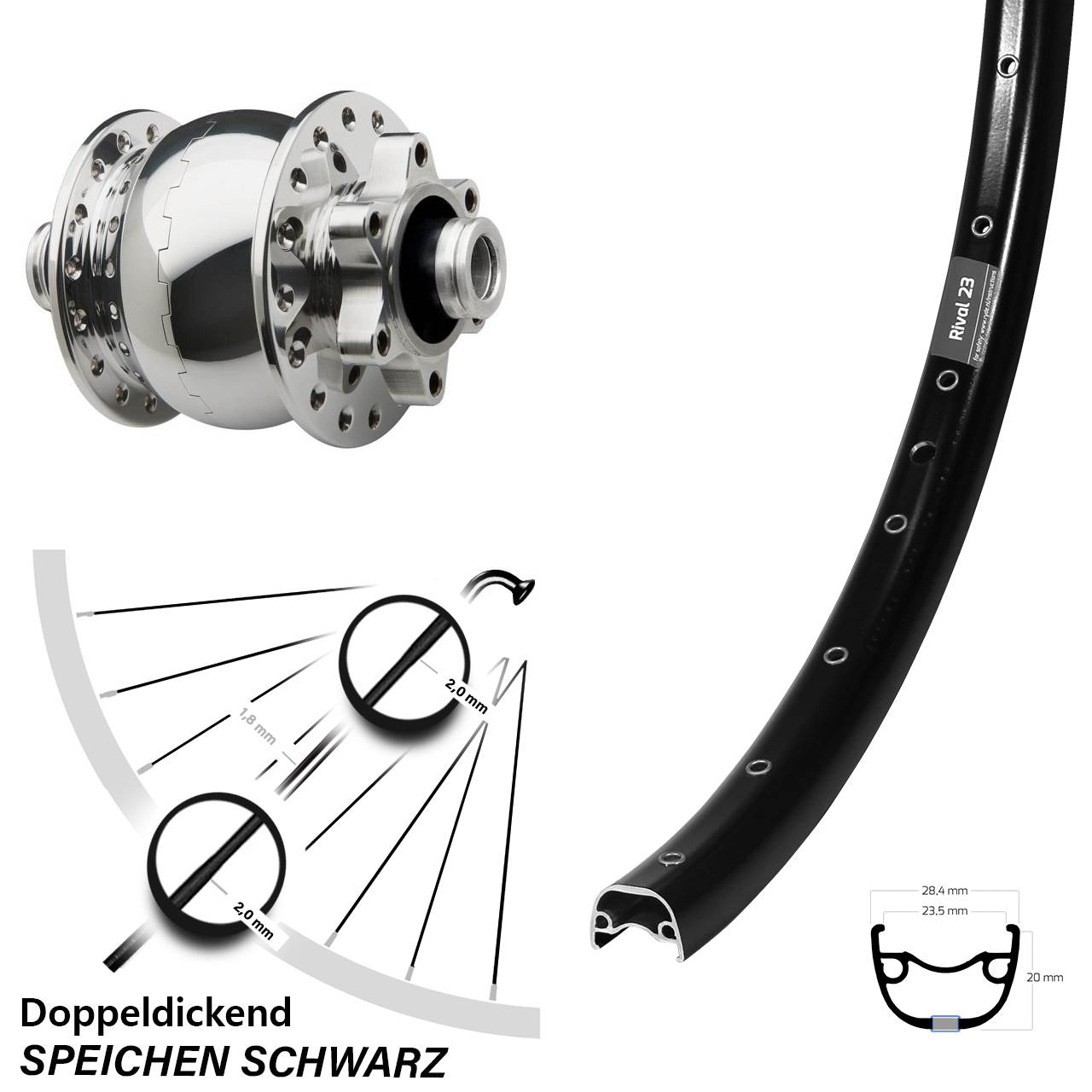 6-Loch Dynamo-Vorderrad 27,5 Zoll Ryde Rival 23 SON 28 poliert 12x100