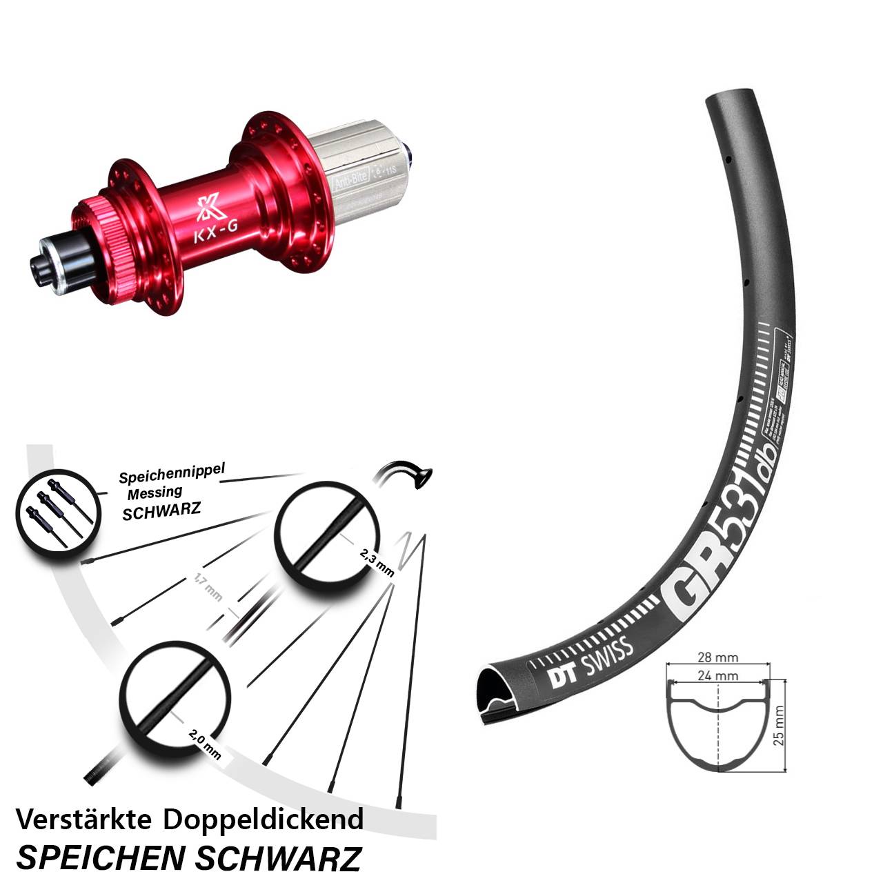 Gravel Hinterrad 28-29 Zoll KX-G rot Schnellspanner Centerlock 8-12 fach DT Swiss GR 531