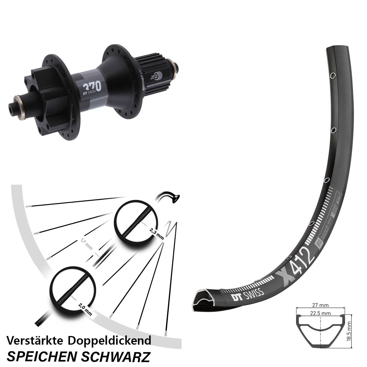 DT Swiss X 412-370 Hybrid 29 Zoll Hinterrad 6-Loch Disc QR Micro Spline
