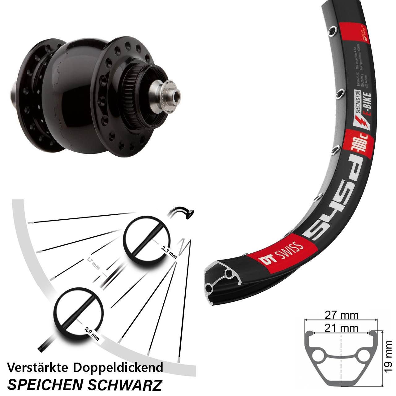 26 Zoll Vorderes Rad mit Nabendynamo DT Swiss 545 SON 28 Disc Centerlock schwarz eloxiert