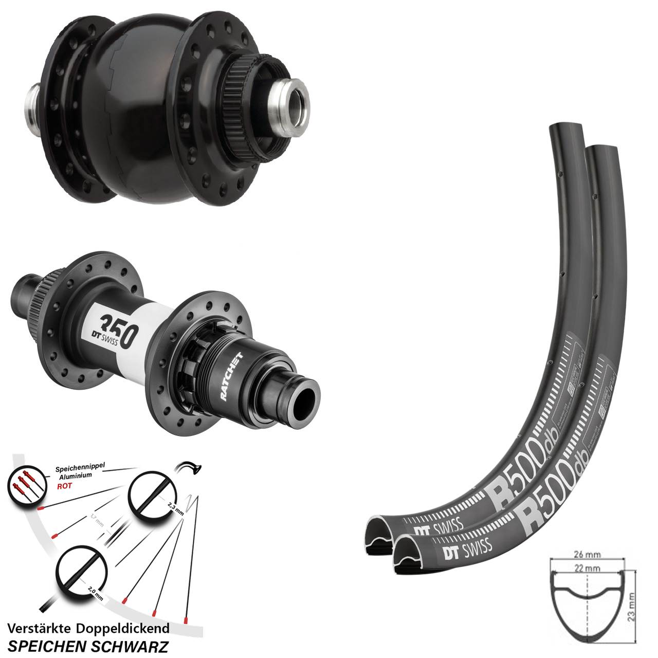 28-29 Zoll DT Swiss R 500 350 Ratchet 36 SON 28 Disc Laufradsatz 12x100/142 SRAM XDR