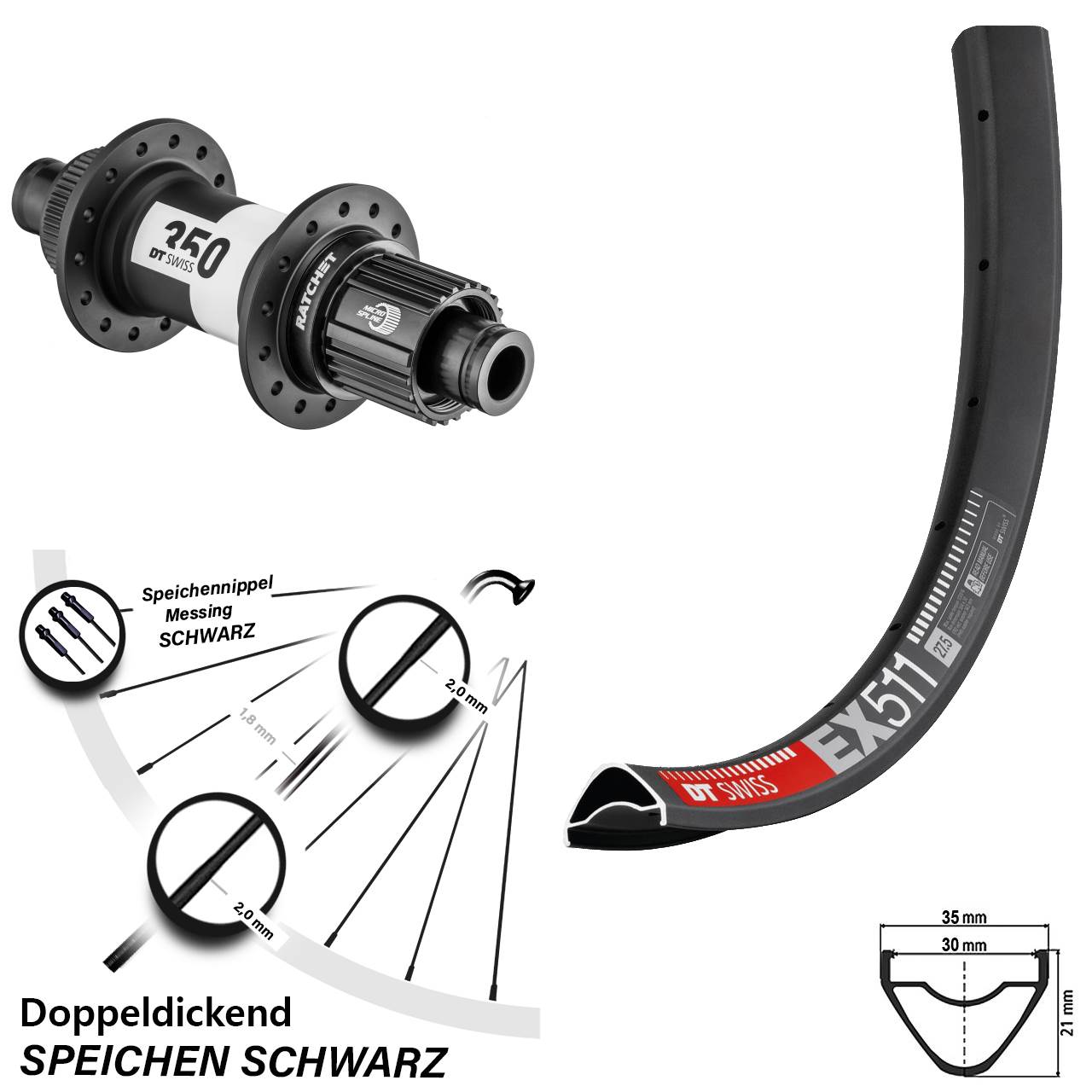 29 Zoll DT Swiss EX 511 DT Swiss 350 Hinterrad Centerlock 12x142 Shimano Micro Spline