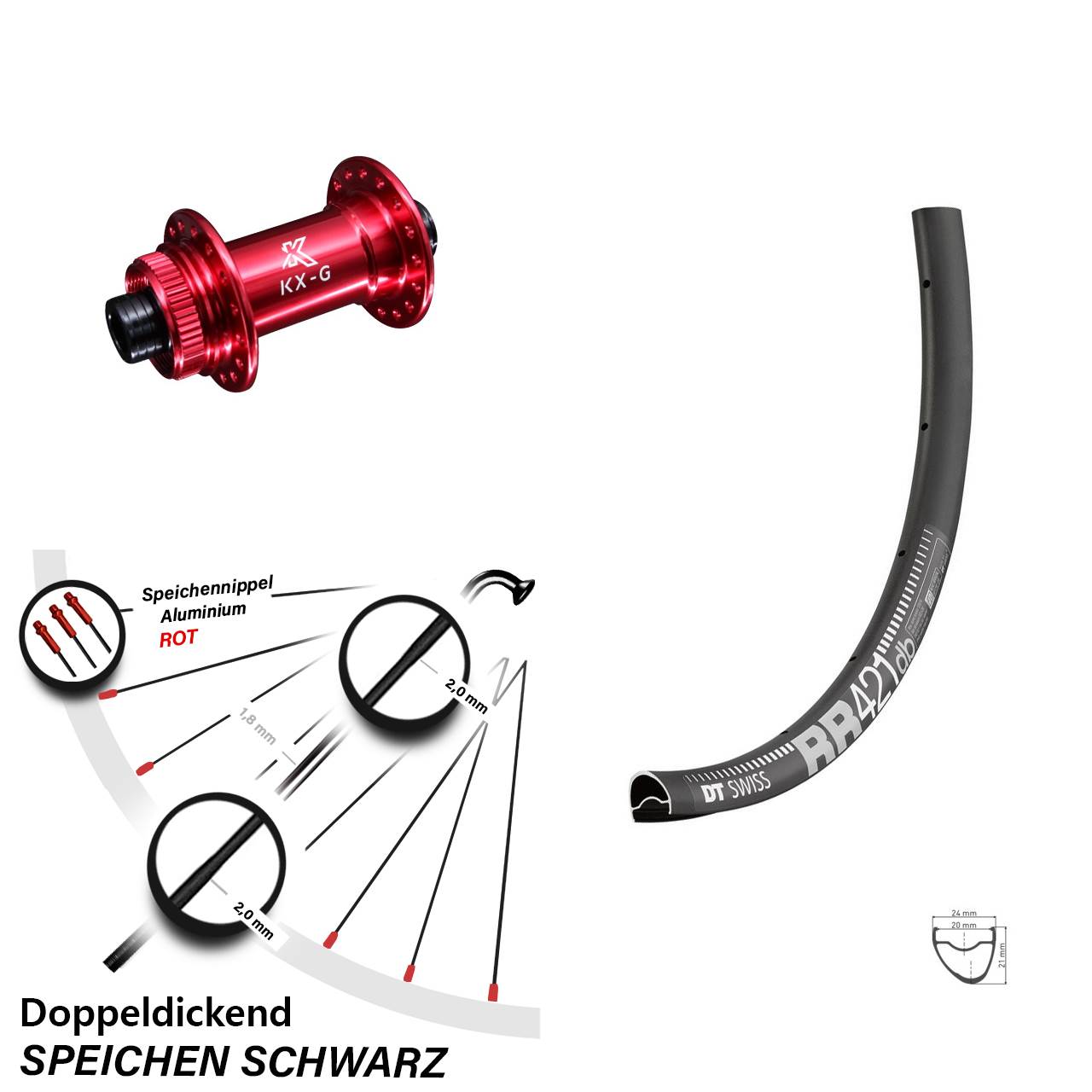 28 Zoll Vorderrad KX-G Nabe rot-eloxiert mit DT Swiss RR 421 DB Steckachse