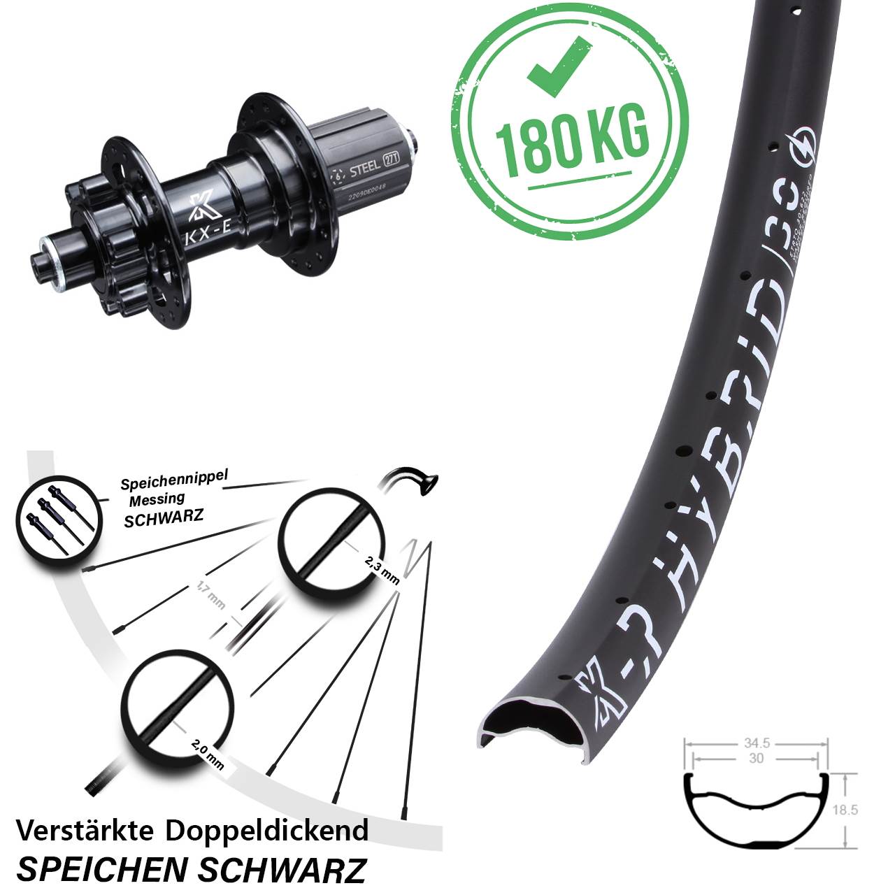 E-Bike Hinterrad 29 Zoll 5x135 mm Shimano 8-12 fach Disc 6-loch KX-ER Hybrid 30-622 ETRTO