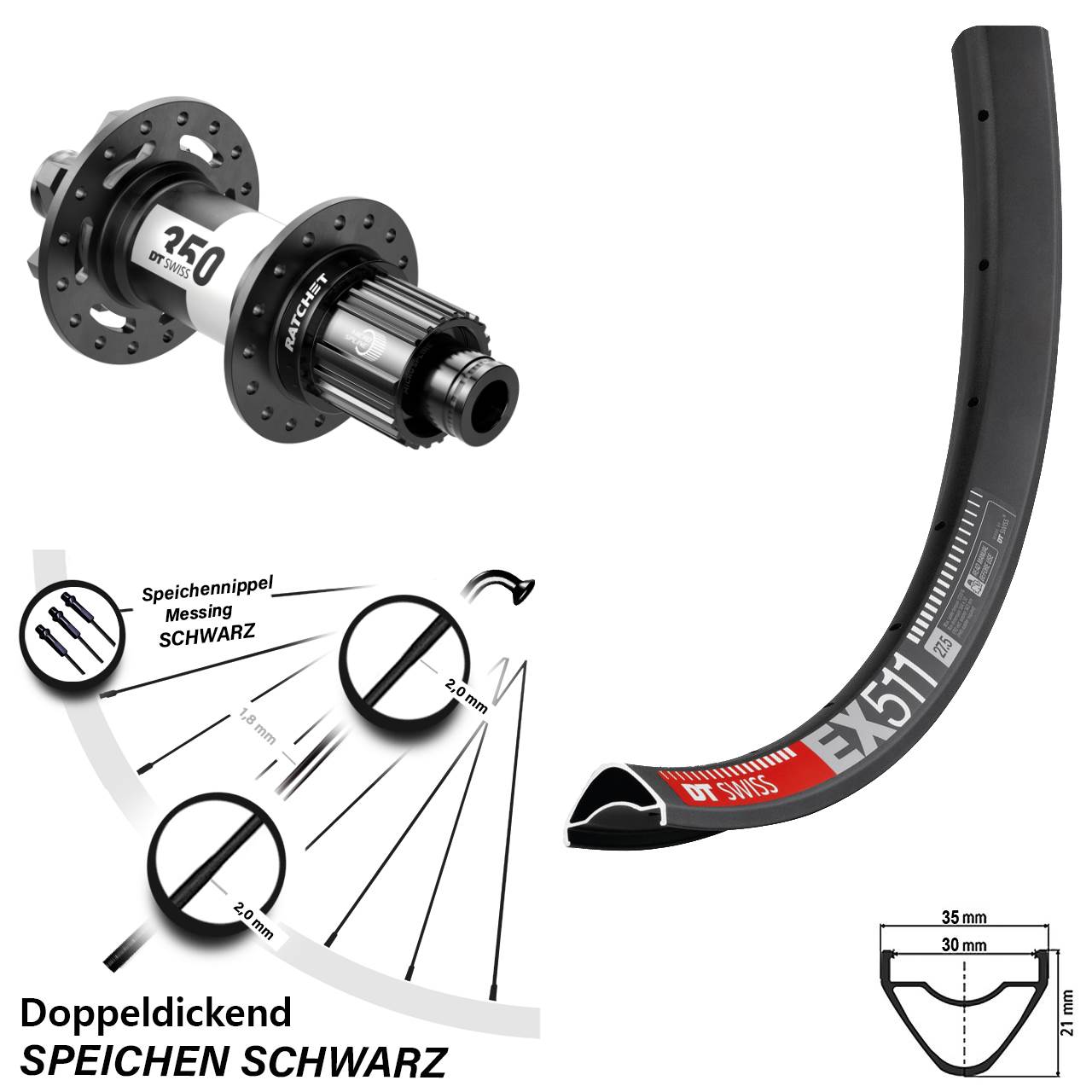 27,5 Zoll DT Swiss EX 511 Hinterrad 350 6-Loch Micro Spline 12x148