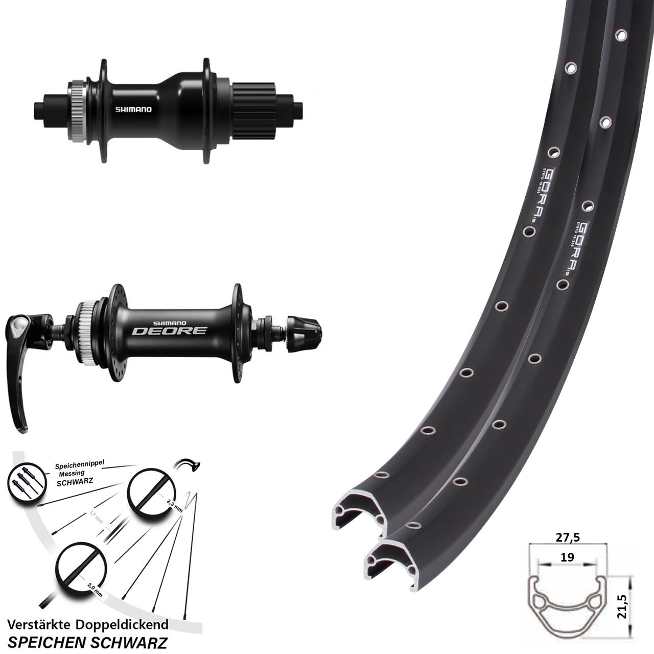 Disc Laufradsatz 27,5 Zoll Gora 19 Shimano Deore FH-QC500 Micro Spline QR