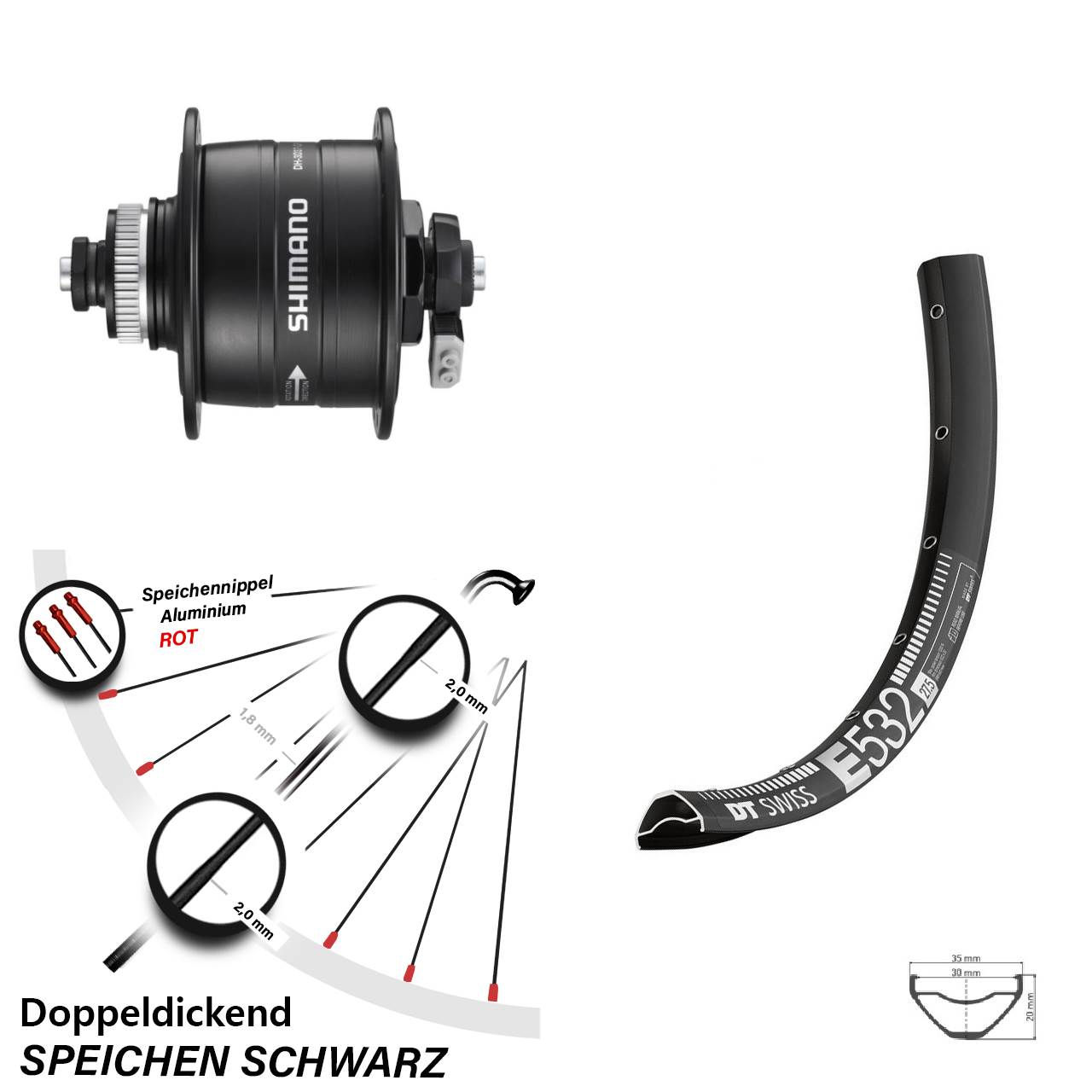 DT Swiss E532 Shimano DH-3D37 27,5 Zoll Disc Laufrad mit Nabendynamo QR