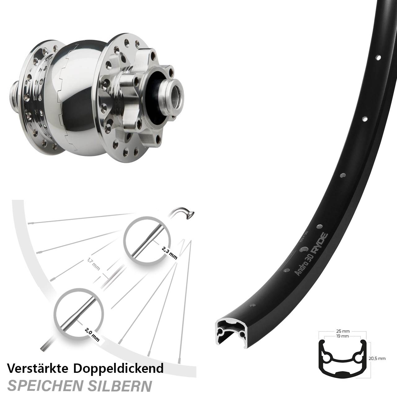 Ryde Andra 30 Disc SON 28 Zoll Dynamo-Vorderrad 6-Loch 12x100