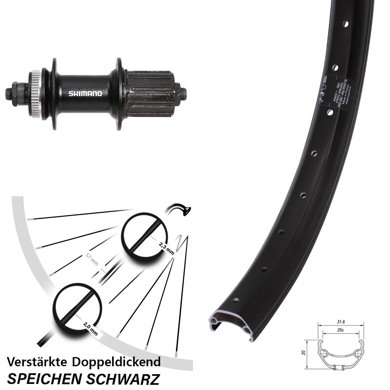 Centerlock Hinterrad für Schnellspanner 20 Zoll Mach1 Kargo Shimano FH-UR6008-12 fach