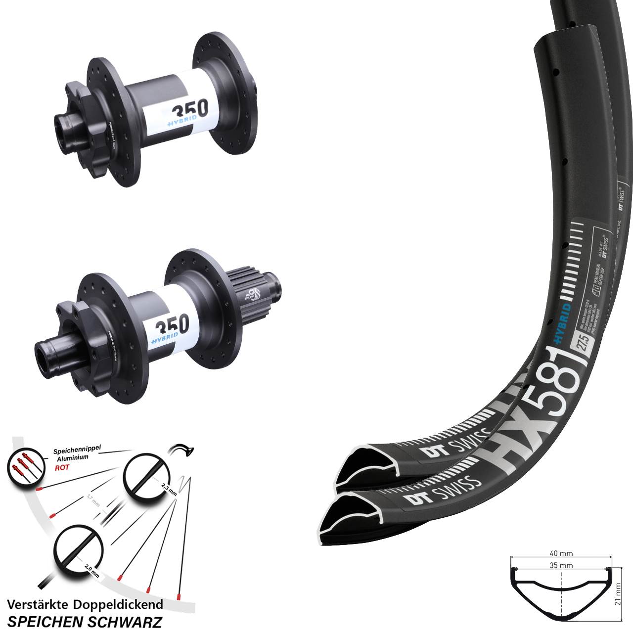 27,5 Zoll HX581 DT Swiss 350 Hybrid Laufradsatz 15x110 12x148 Micro Spline