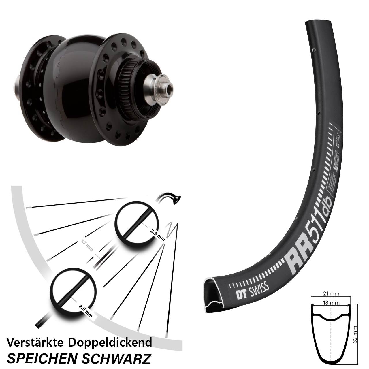 Disc Laufrad mit Nabendynamo für Schnellspanner 28 Zoll DT Swiss RR511 SON delux