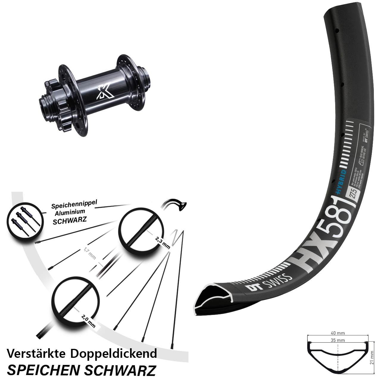 6-Loch Vorderrad 27,5 Zoll DT Swiss HX 581 KX-M 12x100