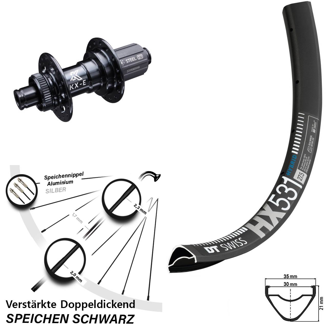 29 Zoll Hinterrad KX-E 12x142 mm Centerlock DT Swiss HX 531 E-Bike 8-12 fach