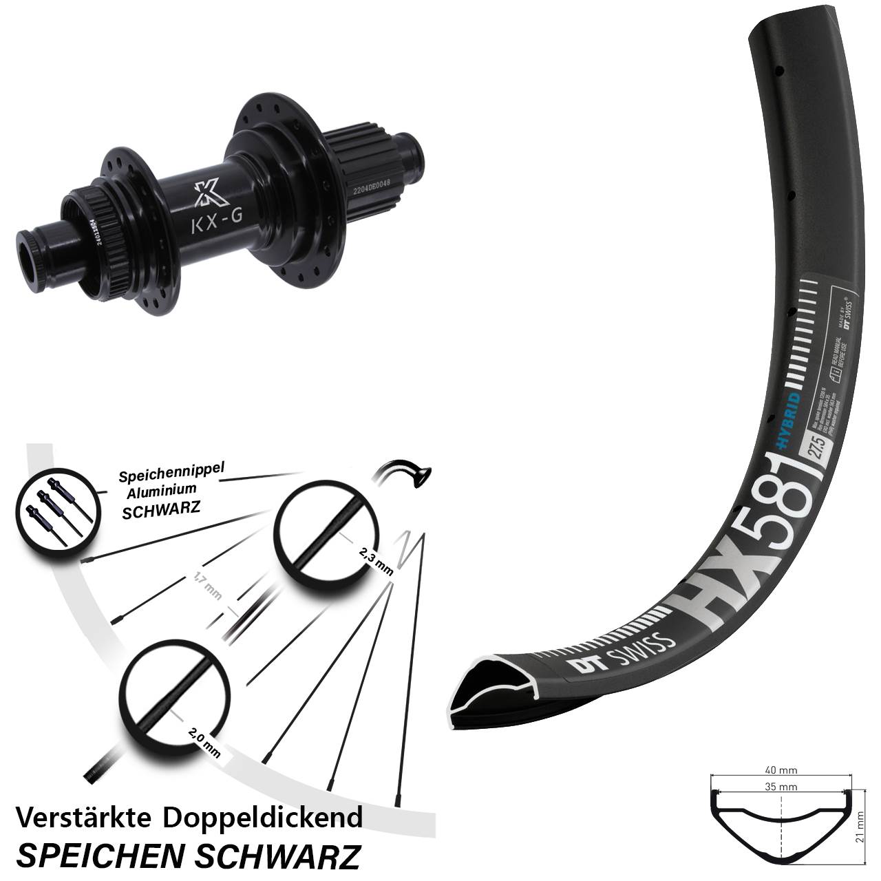Disc Hinterrad 12x142 27,5 Zoll DT Swiss HX581 KX-GS Heavy Duty Shimano Micro Spline