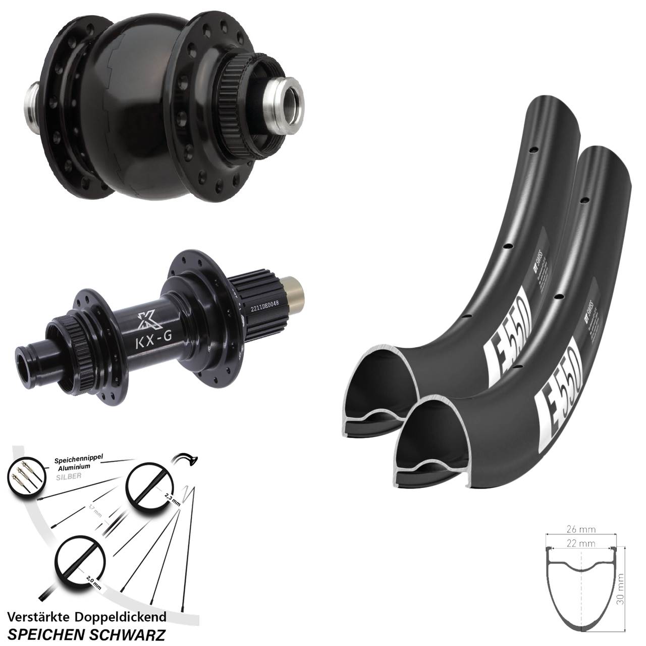 DT Swiss E550 KX-G SON 28 Zoll Disc Laufrad-Satz 12x100/142 Micro Spline