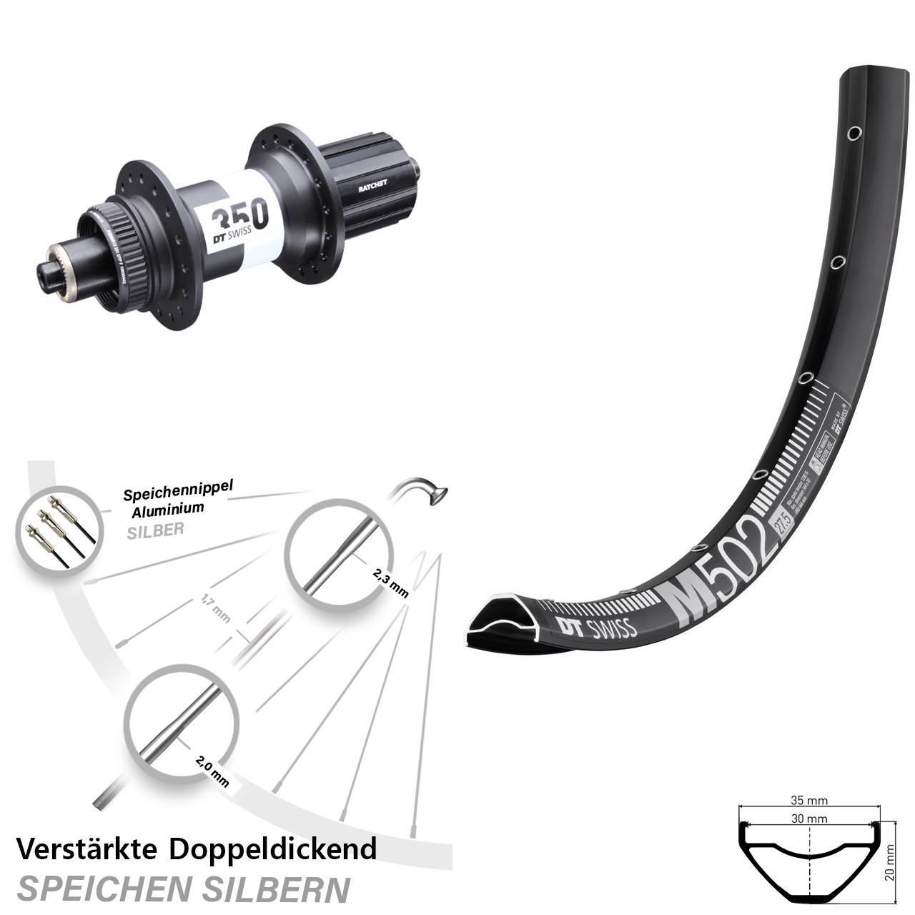 Hinterrad für Schnellspanner 29 Zoll DT Swiss M502-350 Ratchet 36 8-11 fach HG