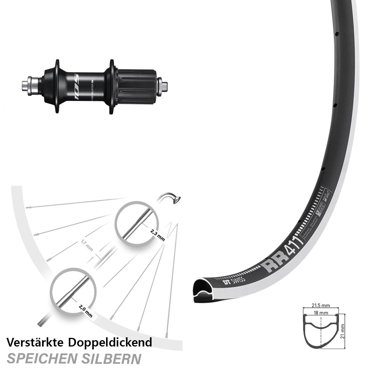 DT Swiss RR411 OS Shimano 105 28 Zoll Hinterrad QR 8-12 fach HG