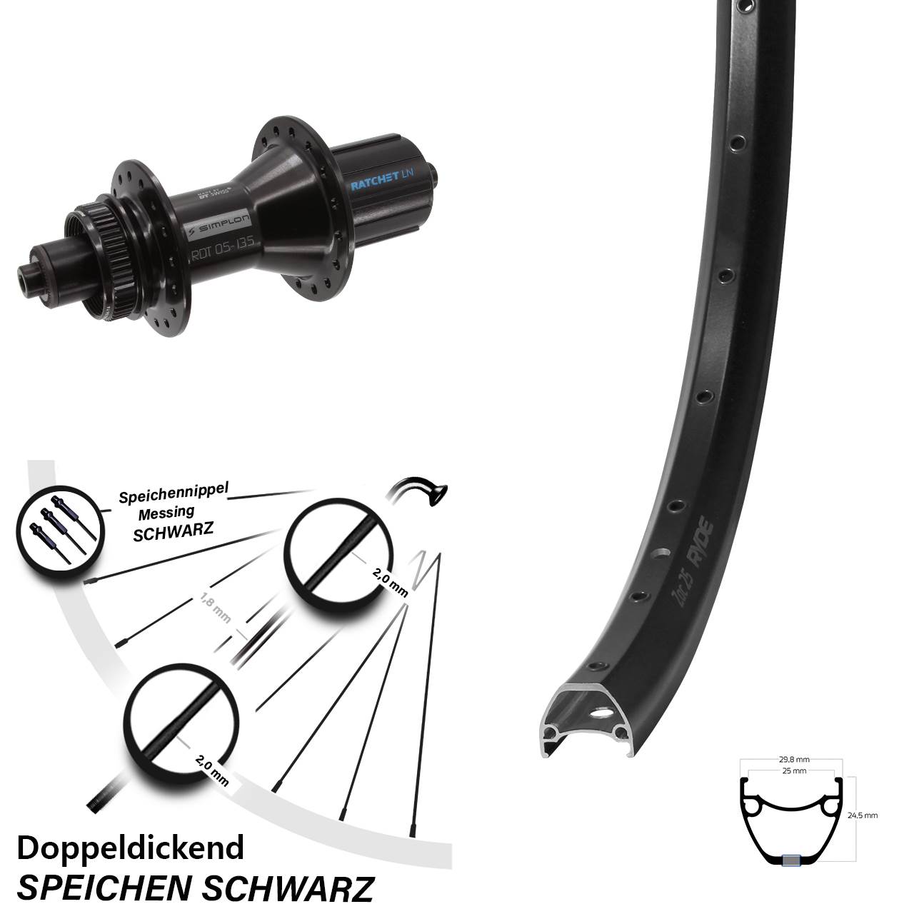Hinterrad 28-29 Zoll Ryde ZAC 25 DT Swiss 370 Hybrid SE-LN 5x135 Centerlock 8-11 fach HG