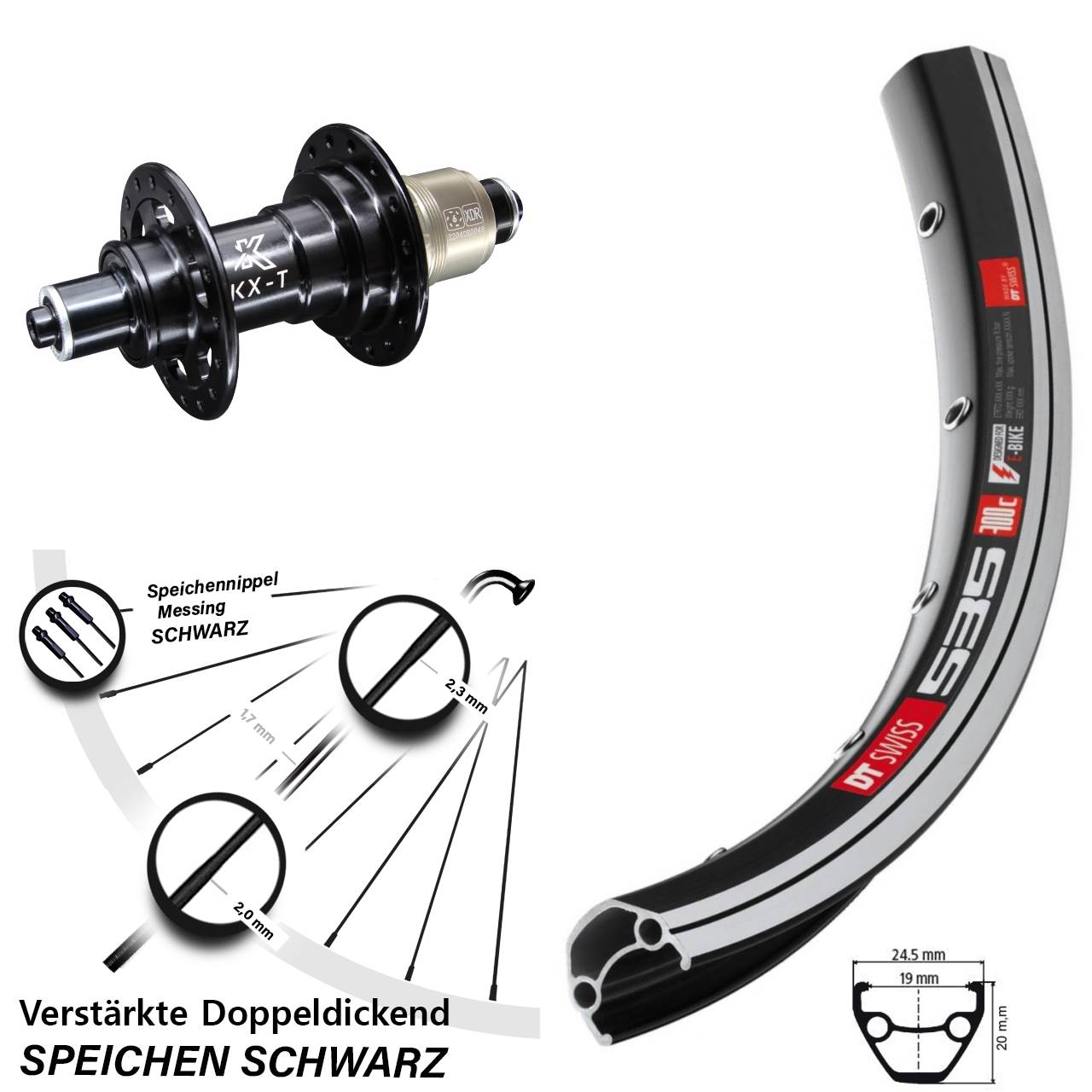 DT Swiss 535 Hinterrad 26 Zoll verstärkt KX-T 5x135 mm Felgenbremse Sram XD