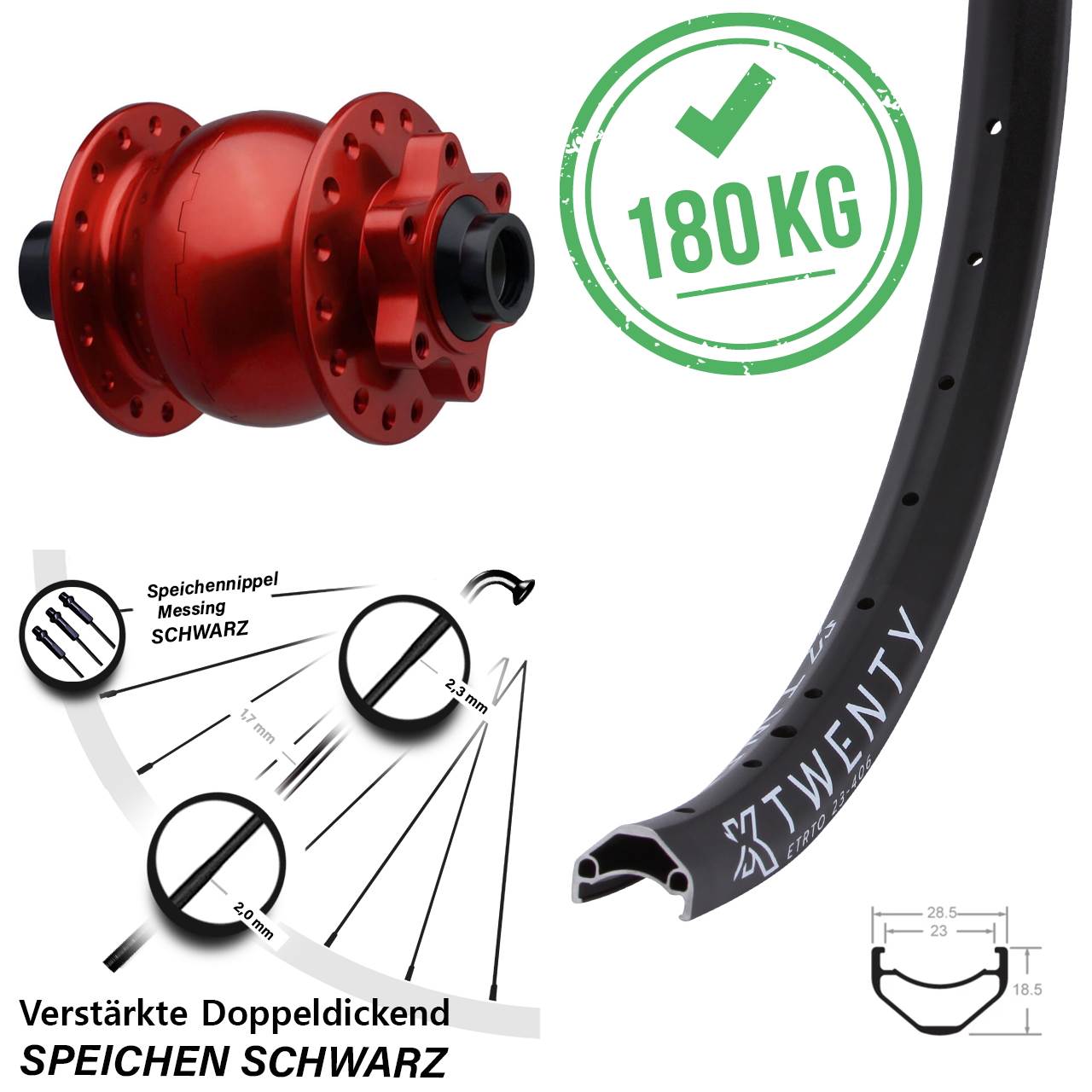 SON 28 rot KX Twenty 20 Zoll Disc Vorderrad mit Nabendynamo 15x110 Boost