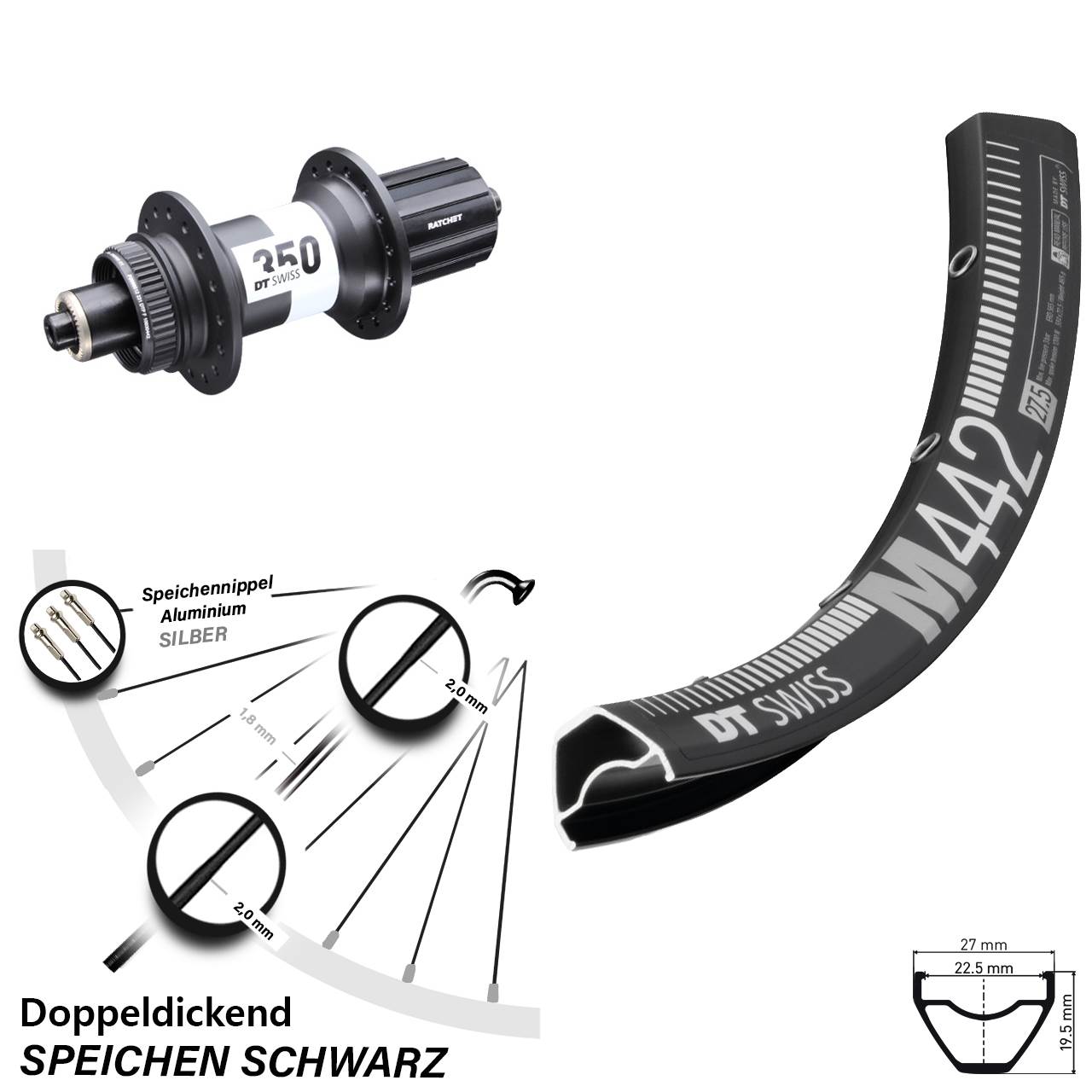 350 DT Swiss M 442 Hinteres Rad 29 Zoll Centerlock Schnellspanner