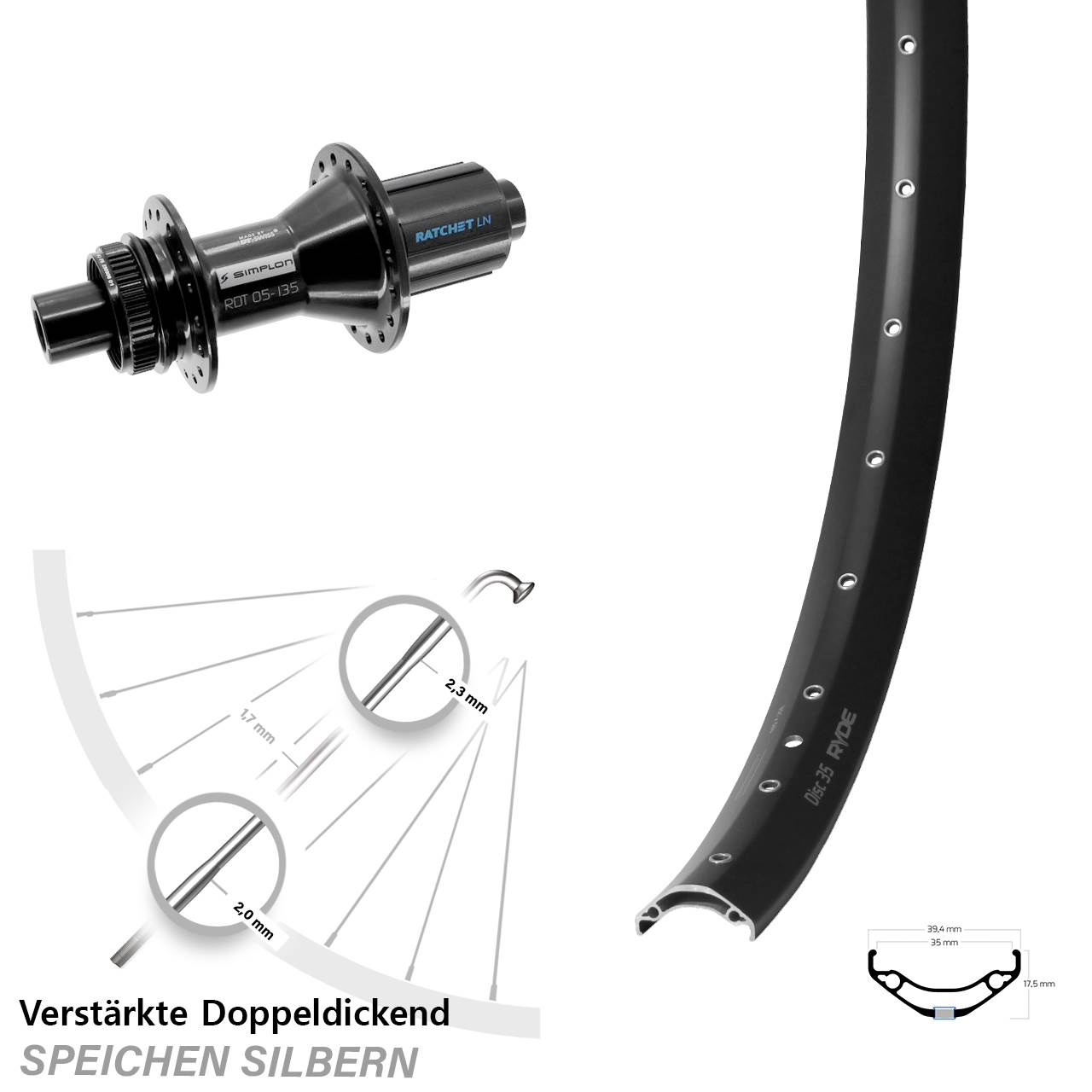 Hinterrad Centerlock 12x142 29 Zoll Ryde Disc 35 DT Swiss 370 Hybrid 8-11 fach HG