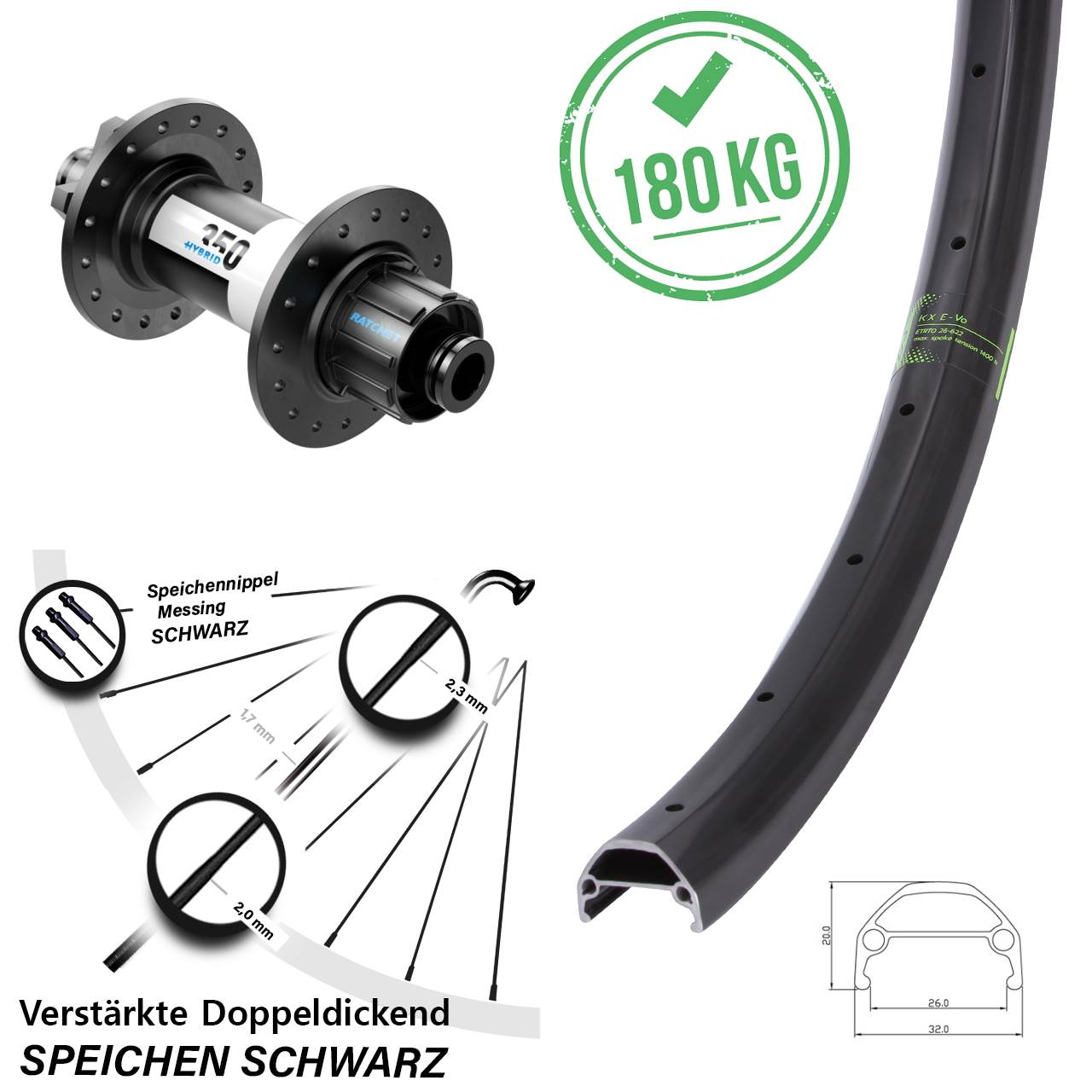 Hinterrad 26 Zoll KX Evo DT Swiss 350 Hybrid Singlespeed 12x142 6-Loch