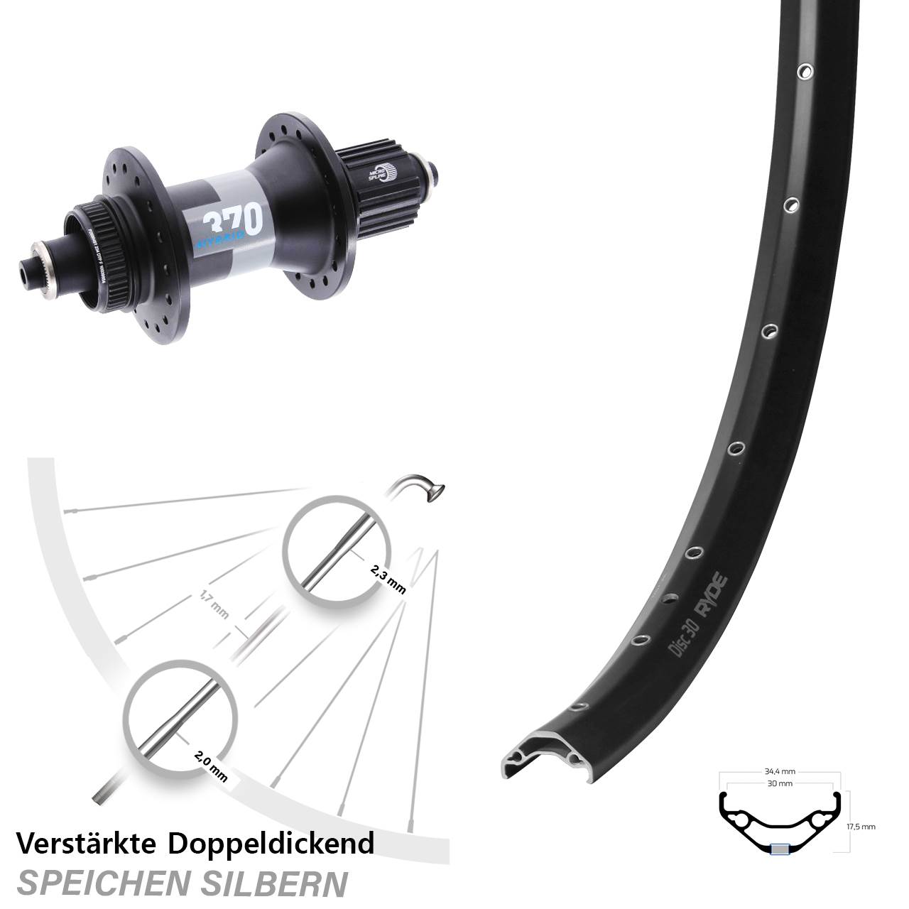 29 Zoll Ryde Disc 30 DT Swiss 370 Hybrid Boost Hinterrad QR Micro Spline