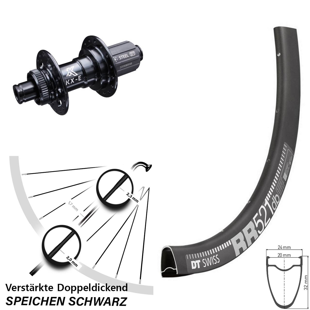 DT Swiss RR 521 KX-E verstärkt 28 Zoll Hinterrad Centerlock 12x142 8-12 fach