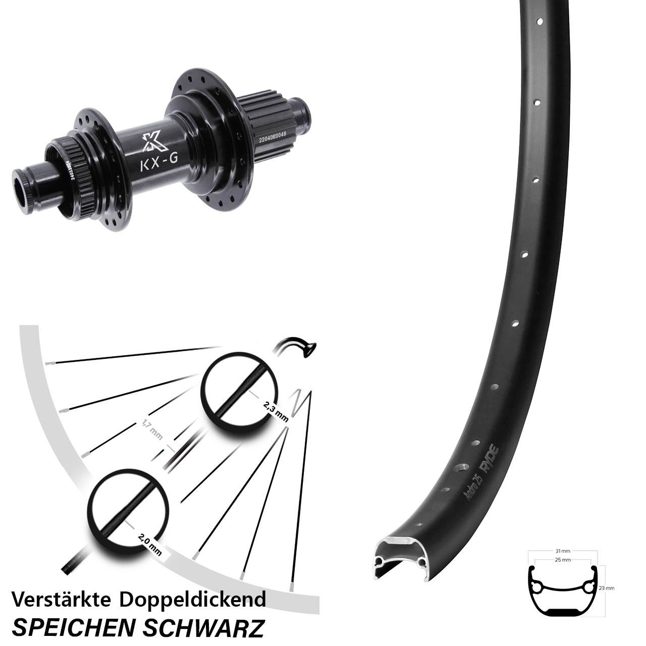 28-29 Zoll Ryde Andra 25 KX-GS Heavy Duty Hinterrad Centerlock 12x142 Shimano Micro Spline