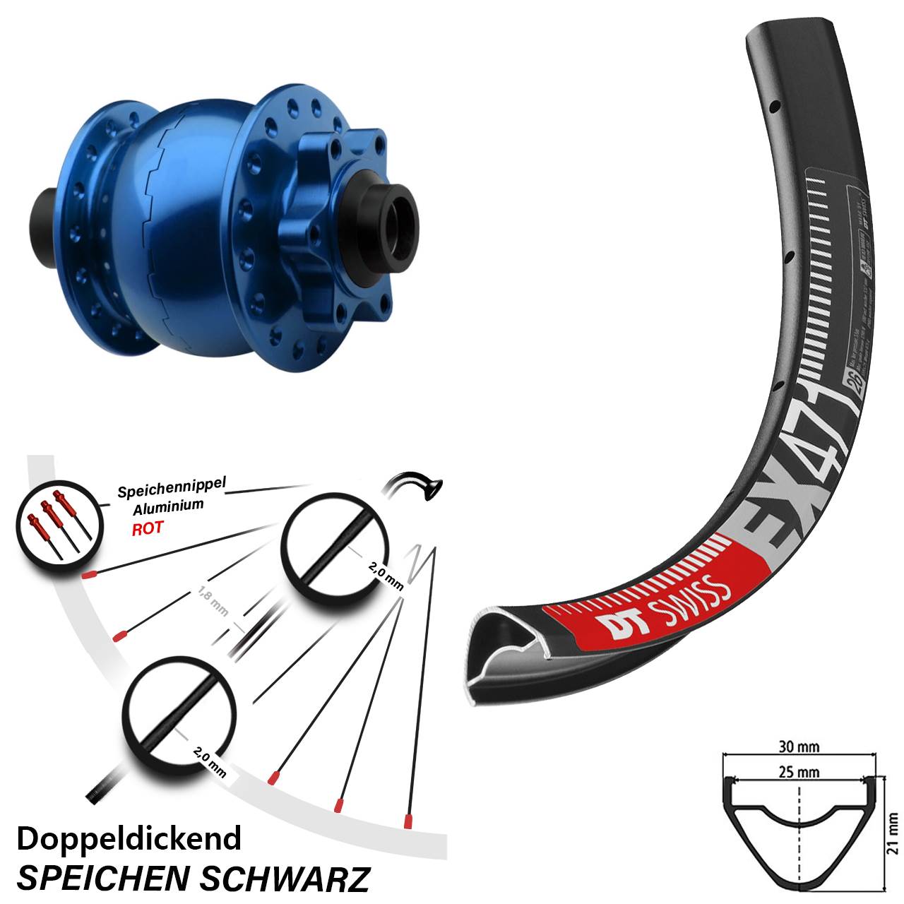 6-Loch Dynamo-Vorderrad 26 Zoll DT Swiss EX 471 SON 28 blau 15x100