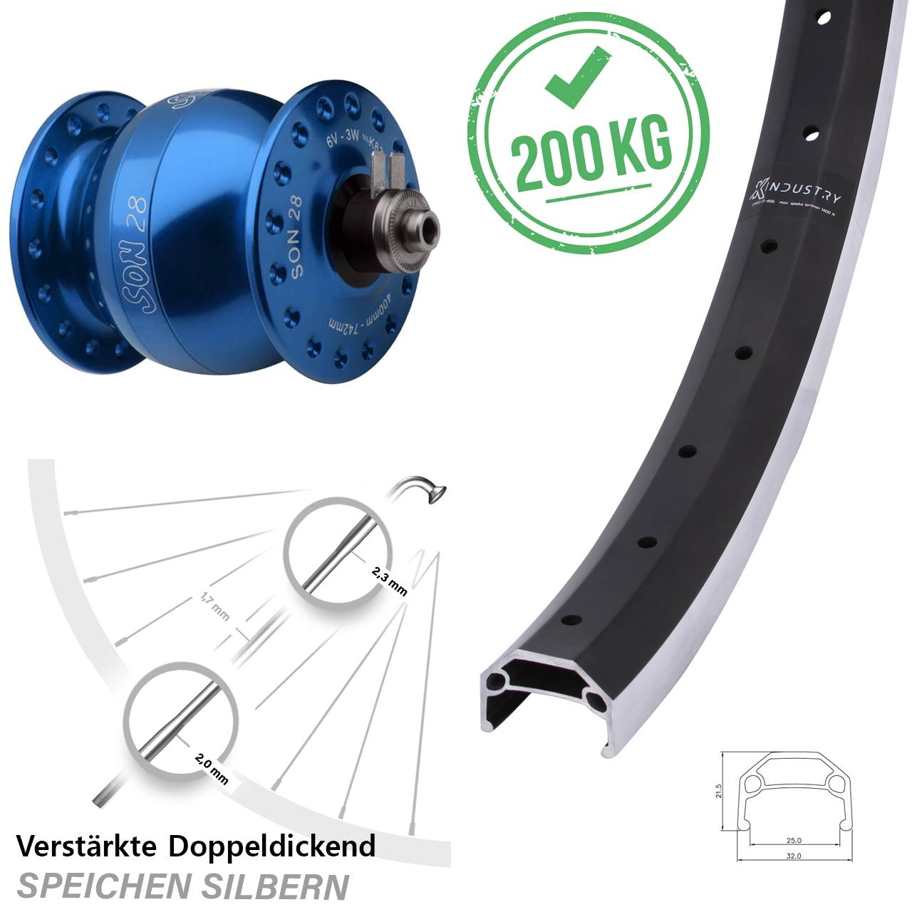 Vorderrad mit Nabendynamo für Schnellspanner 26 Zoll KX Industry SON 28 blau