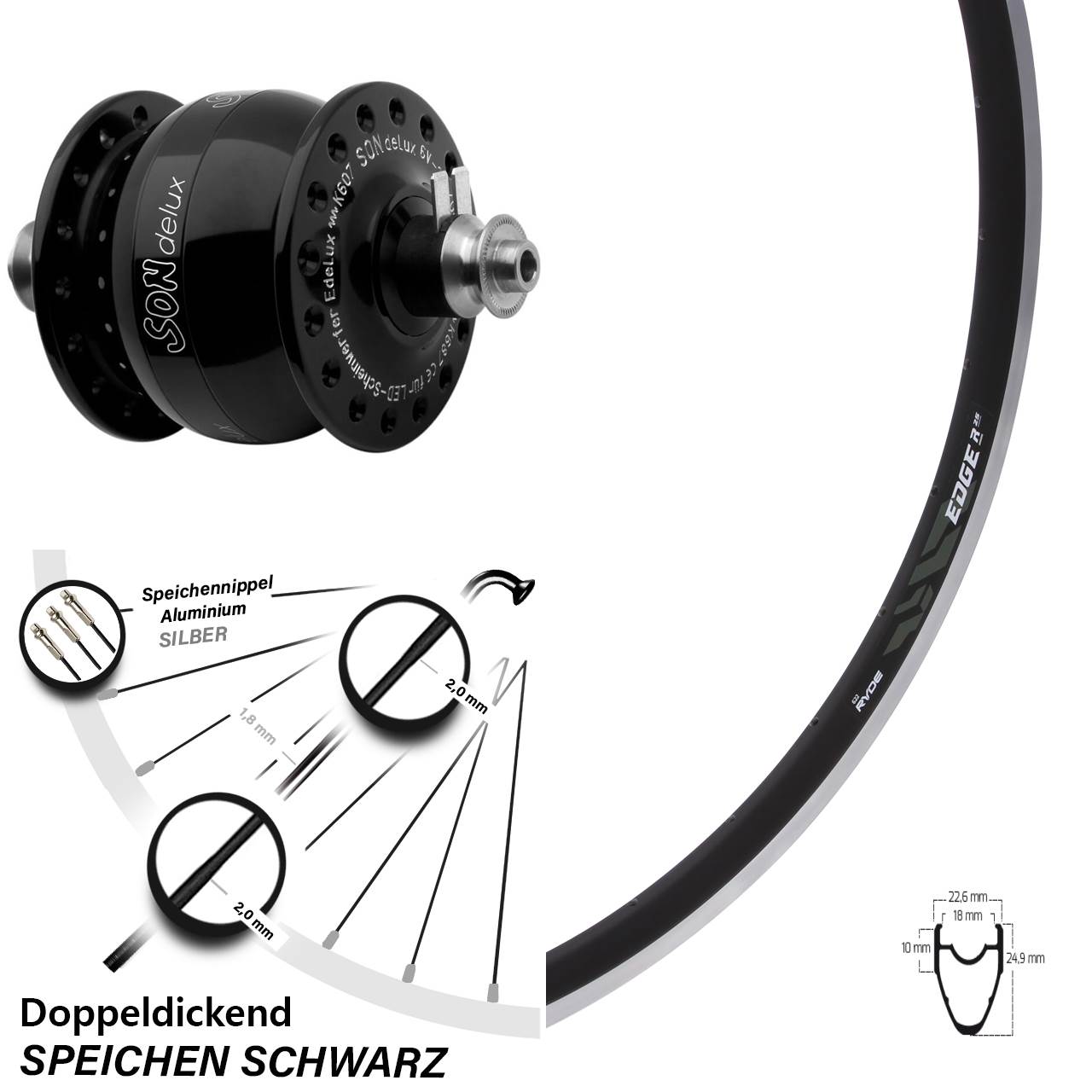 Ryde Edge R25 Rennrad Felgenbremse Dynamo SON delux schwarz Vorderrad 28 Zoll