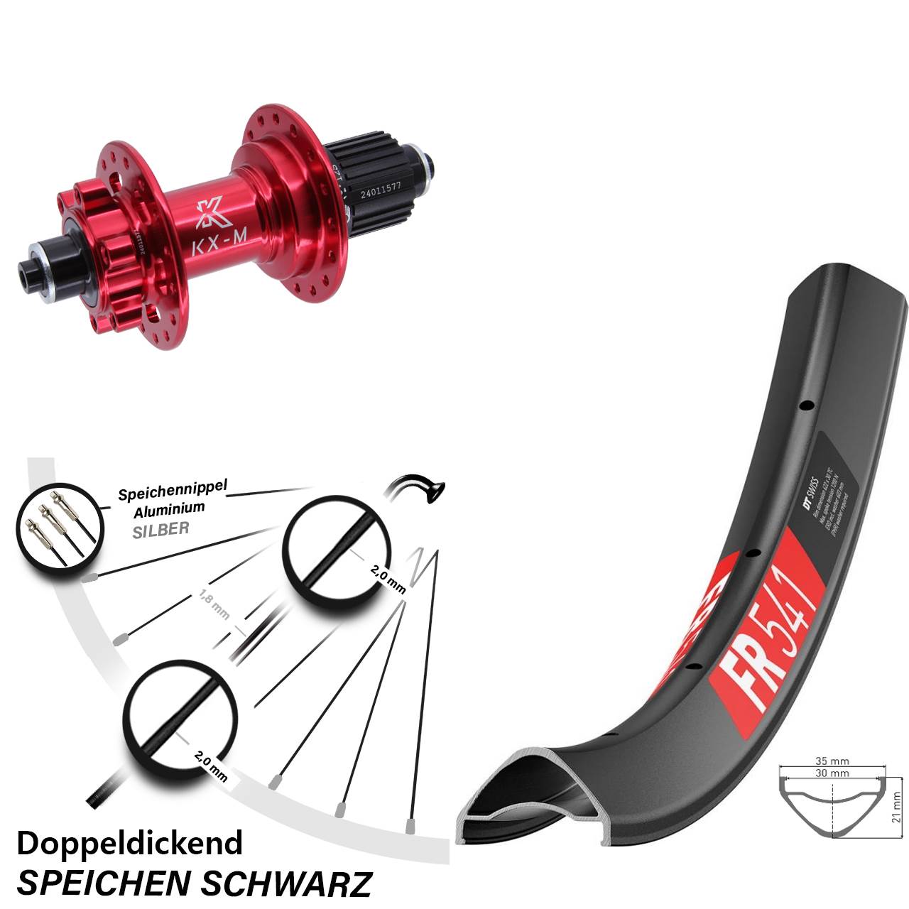 29 Zoll DT Swiss FR541 KX-M rot 6-Loch Hinterrad für Schnellspanner Shimano Micro Spline