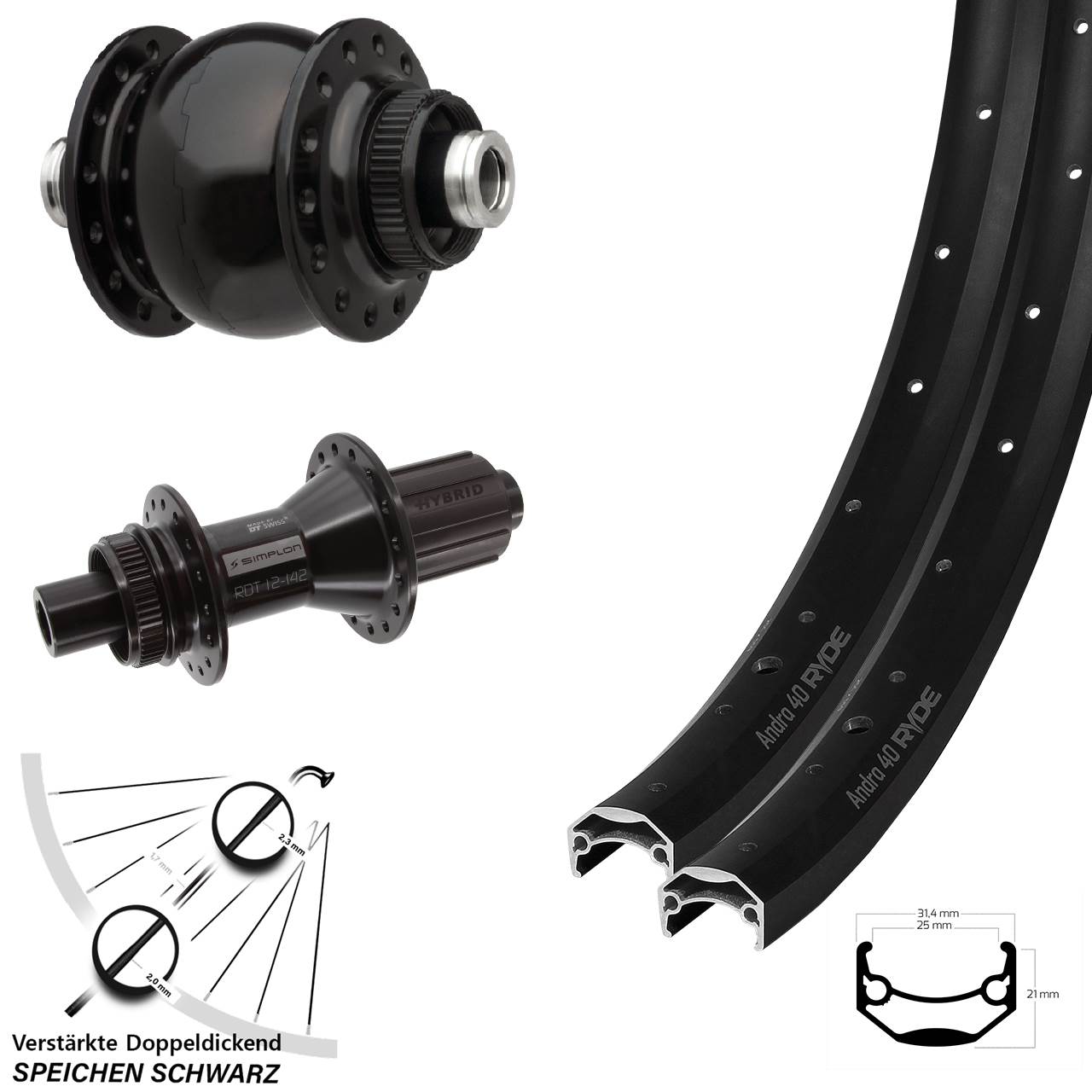 Disc Laufradsatz 27,5 Zoll Ryde Andra 40 DT Swiss 370 Hybrid SON 28 8-11 fach HG 12x100/142