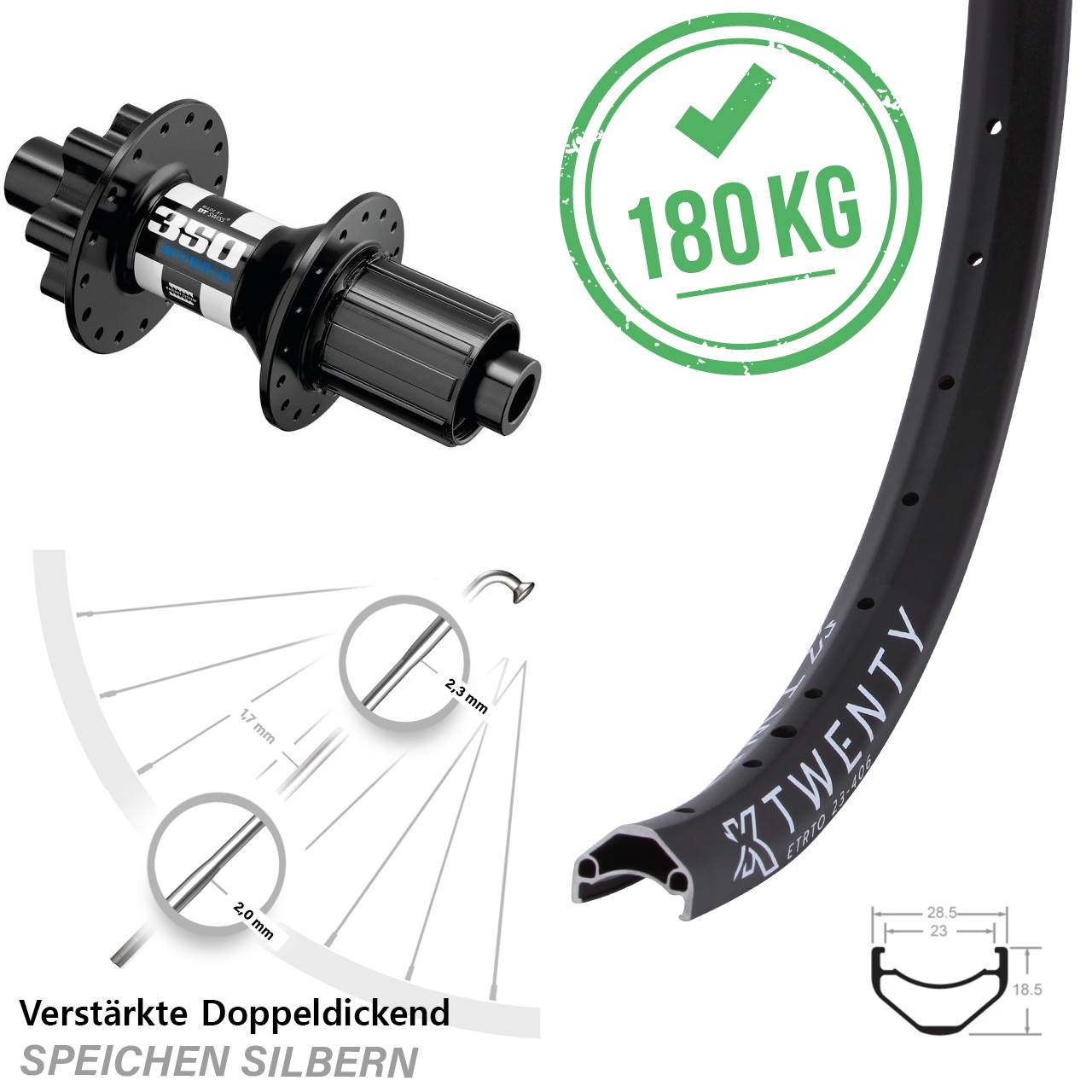 20 Zoll KX Twenty DT Swiss 350 Hybrid Hinterrad 6-Loch 12x148 8-11 fach