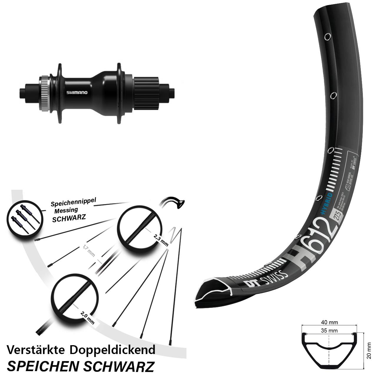 DT Swiss H 612 Shimano FH-QC500 Boost 27,5 Zoll Disc Laufrad QR Micro Spline