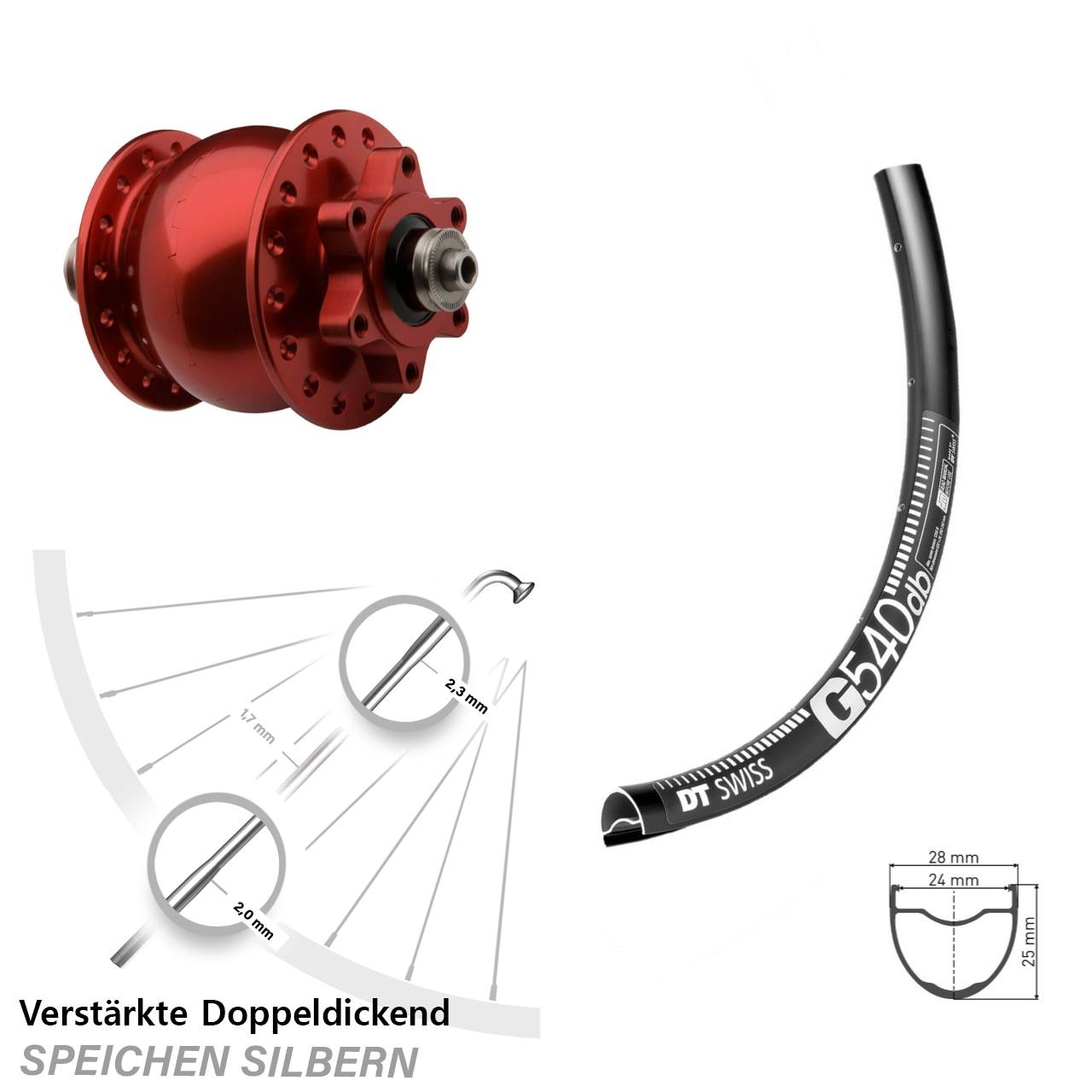 Nabendynamovorderrad 6-Loch für Schnellspanner 29 Zoll DT Swiss G540 SON 28 rot