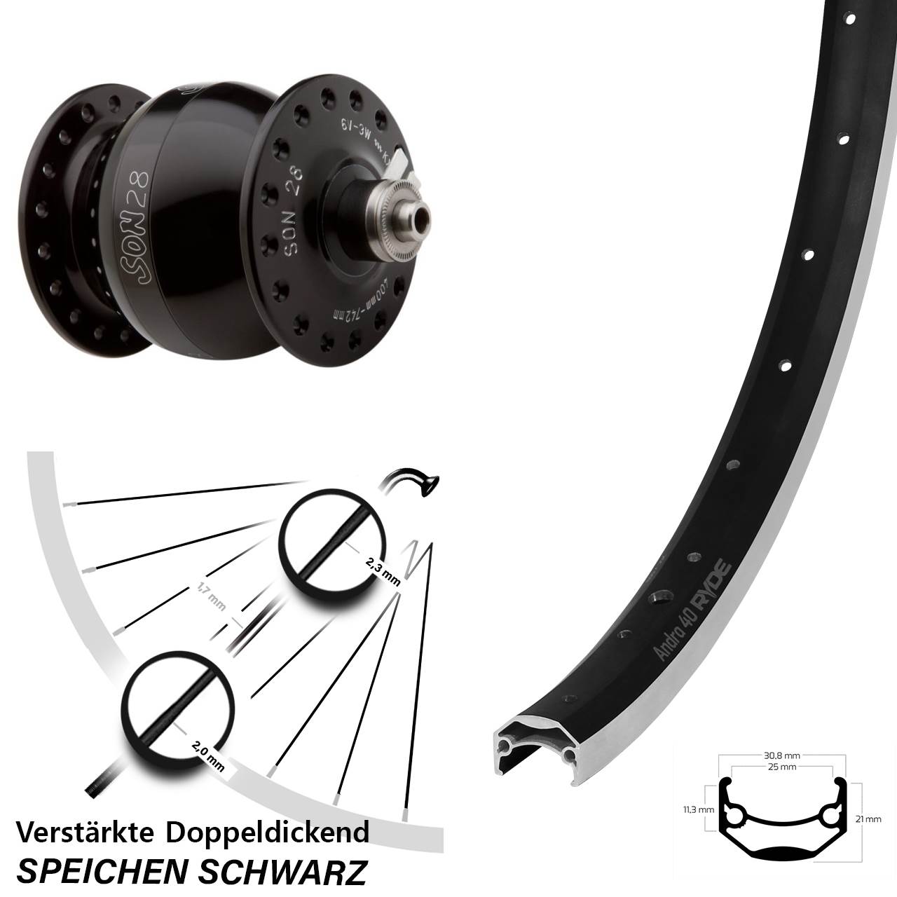 SON 28 Ryde Andra 40 20 Zoll Vorderrad mit Nabendynamo QR