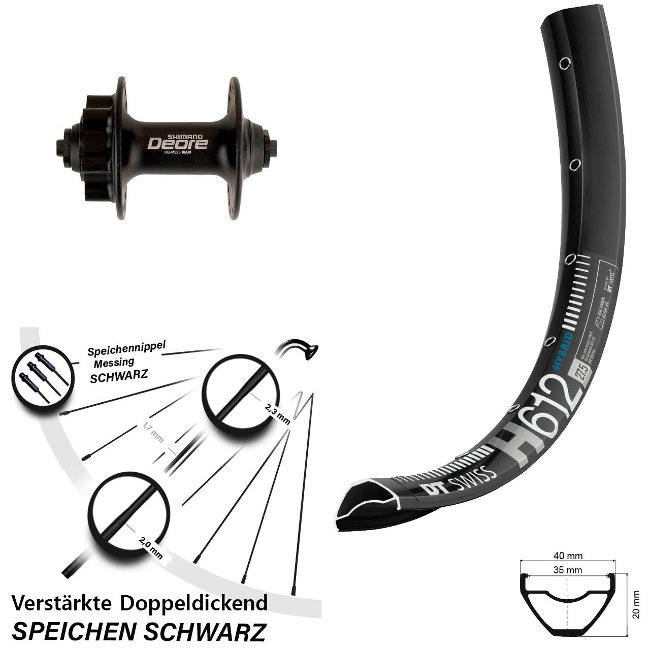 Disc Vorderrad 27,5 Zoll DT Swiss H 612 Shimano Deore für Schnellspanner