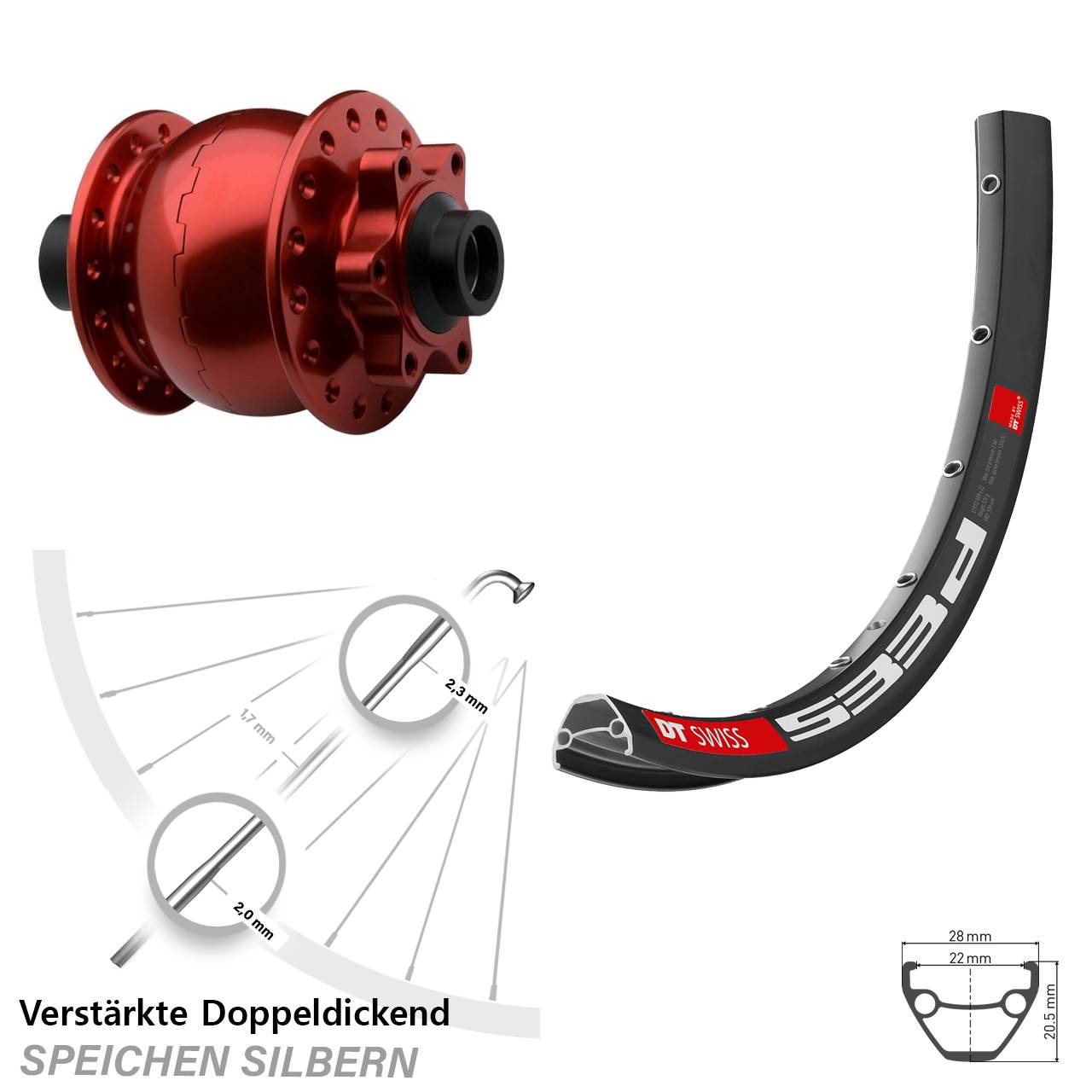 Vorderrad DT Swiss 533D Disc SON 28-15 6-Loch Steckachse 100 rot eloxiert